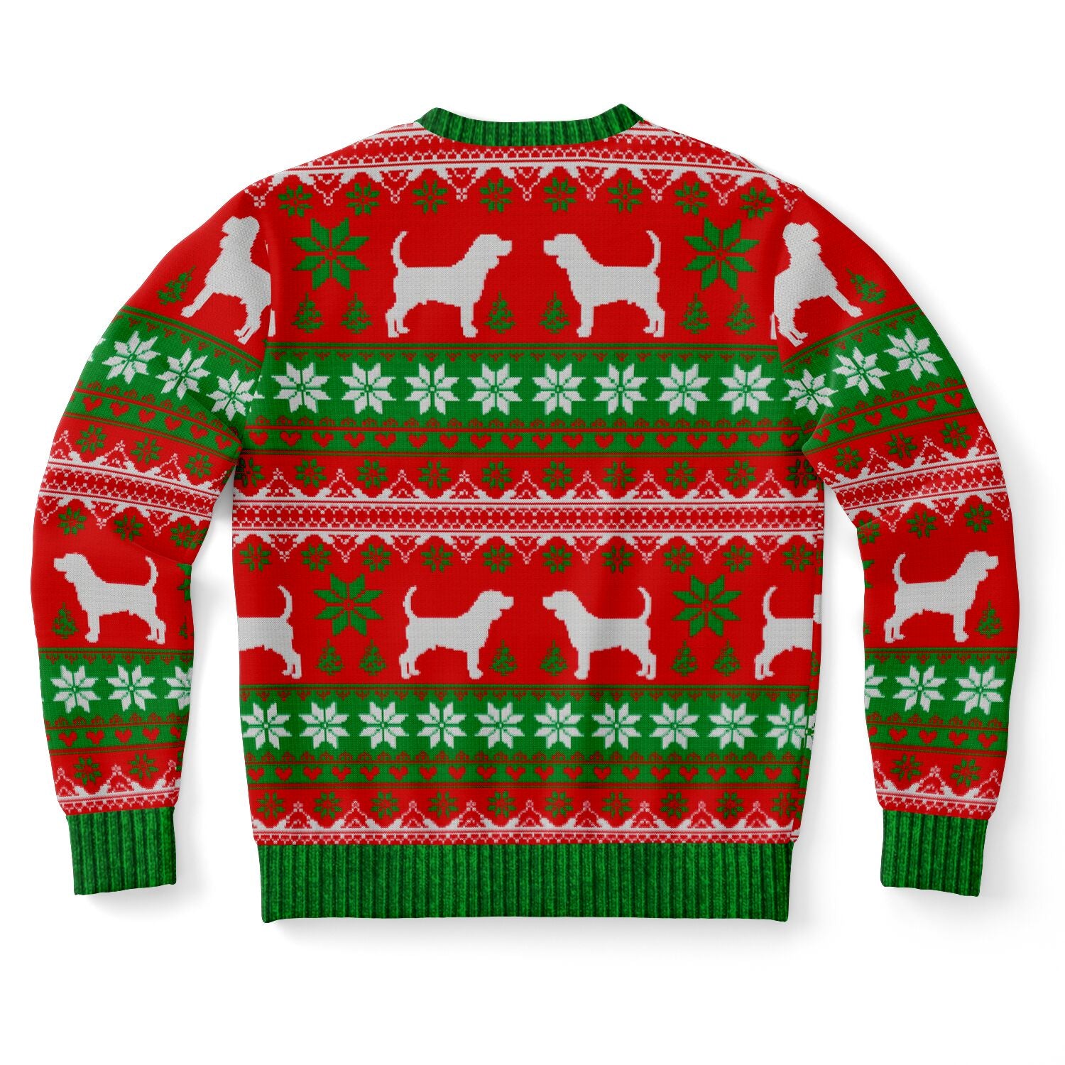 Back view of red and green beagle-themed Christmas sweater with repeating dog and snowflake pattern — cozy holiday apparel from CollegeWares.