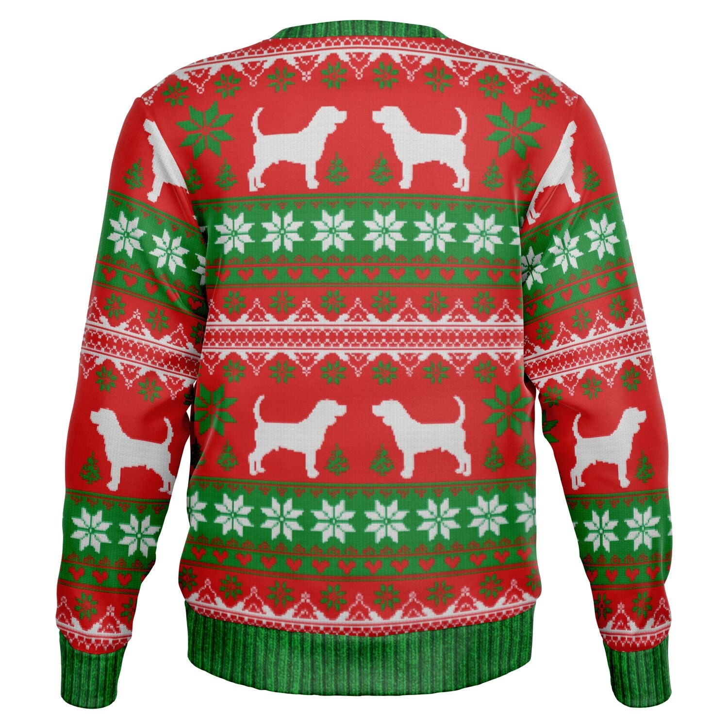 Back view of red and green beagle-themed Christmas sweater with repeating dog and snowflake pattern — cozy holiday apparel from CollegeWares.