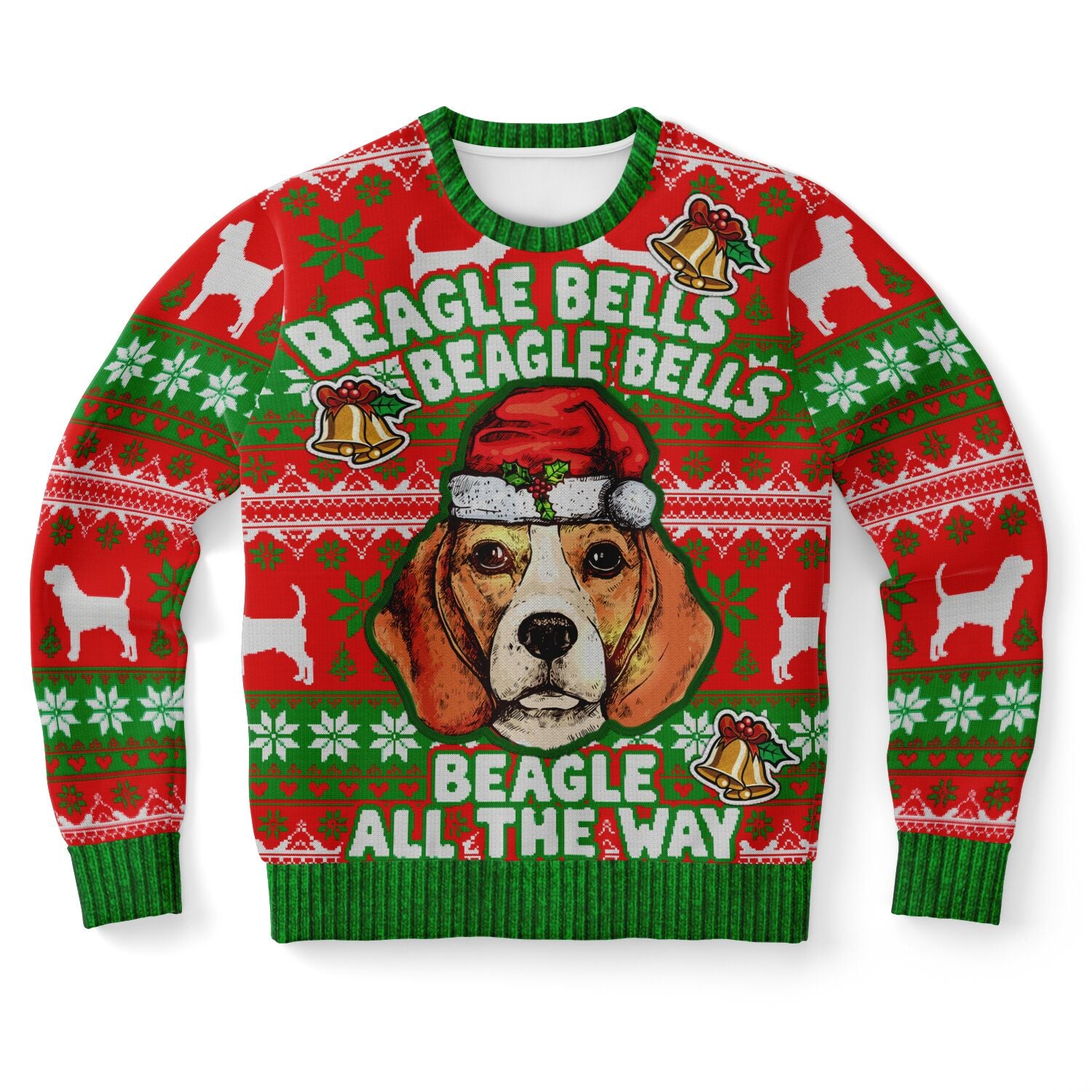 Red and green Christmas sweater with cartoon beagle in Santa hat and the phrase “Beagle Bells Beagle Bells” — funny dog lover holiday sweater from CollegeWares.