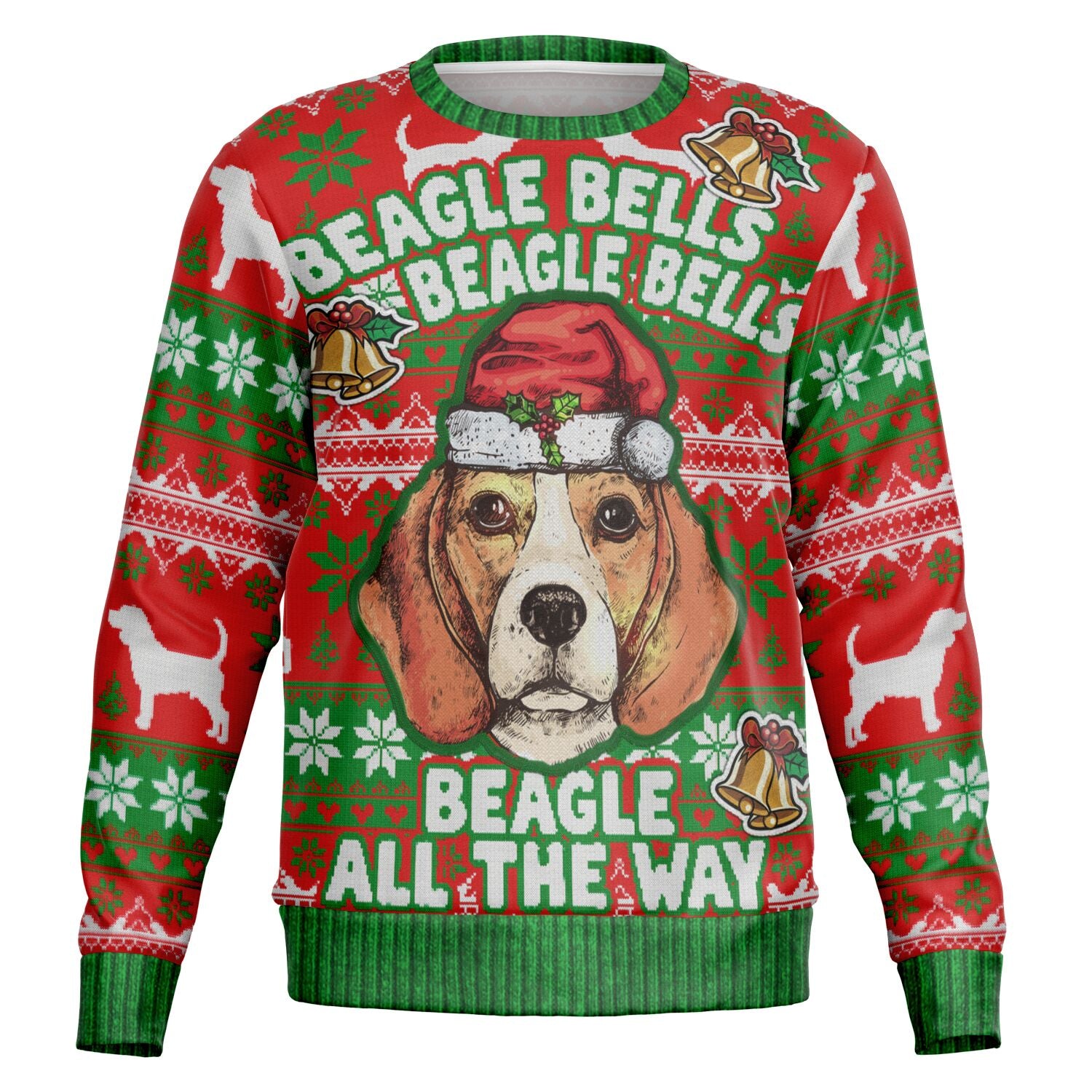 Red and green Christmas sweater with cartoon beagle in Santa hat and the phrase “Beagle Bells Beagle Bells” — funny dog lover holiday sweater from CollegeWares.