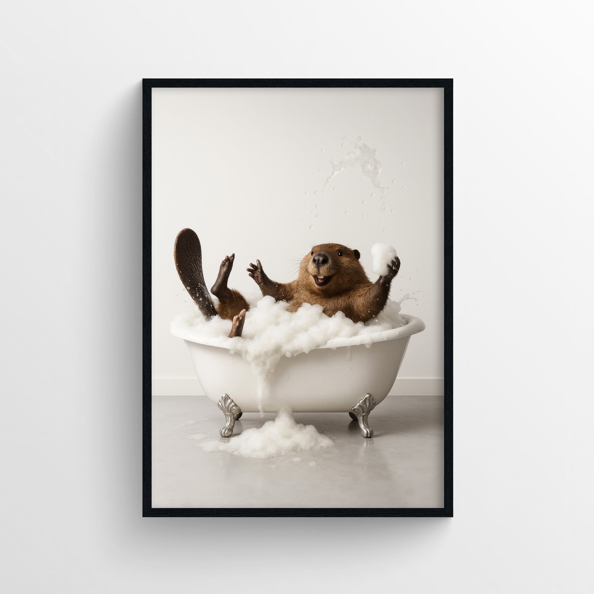 Photorealistic beaver reclining in a clawfoot bathtub surrounded by soap and water in a clean bathroom — funny bathroom wall art and minimalist animal poster for apartments and dorms by CollegeWares.
