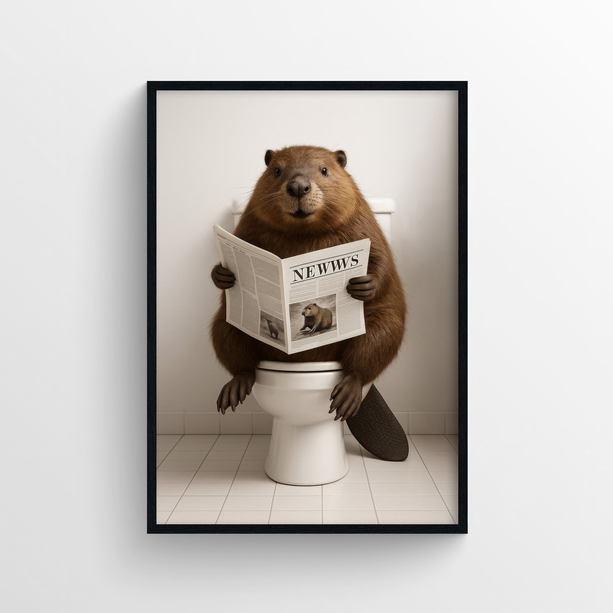 Photorealistic beaver seated on a toilet reading a newspaper in a simple bathroom interior — modern animal wall print and funny bathroom decor for guest baths and apartments from CollegeWares.