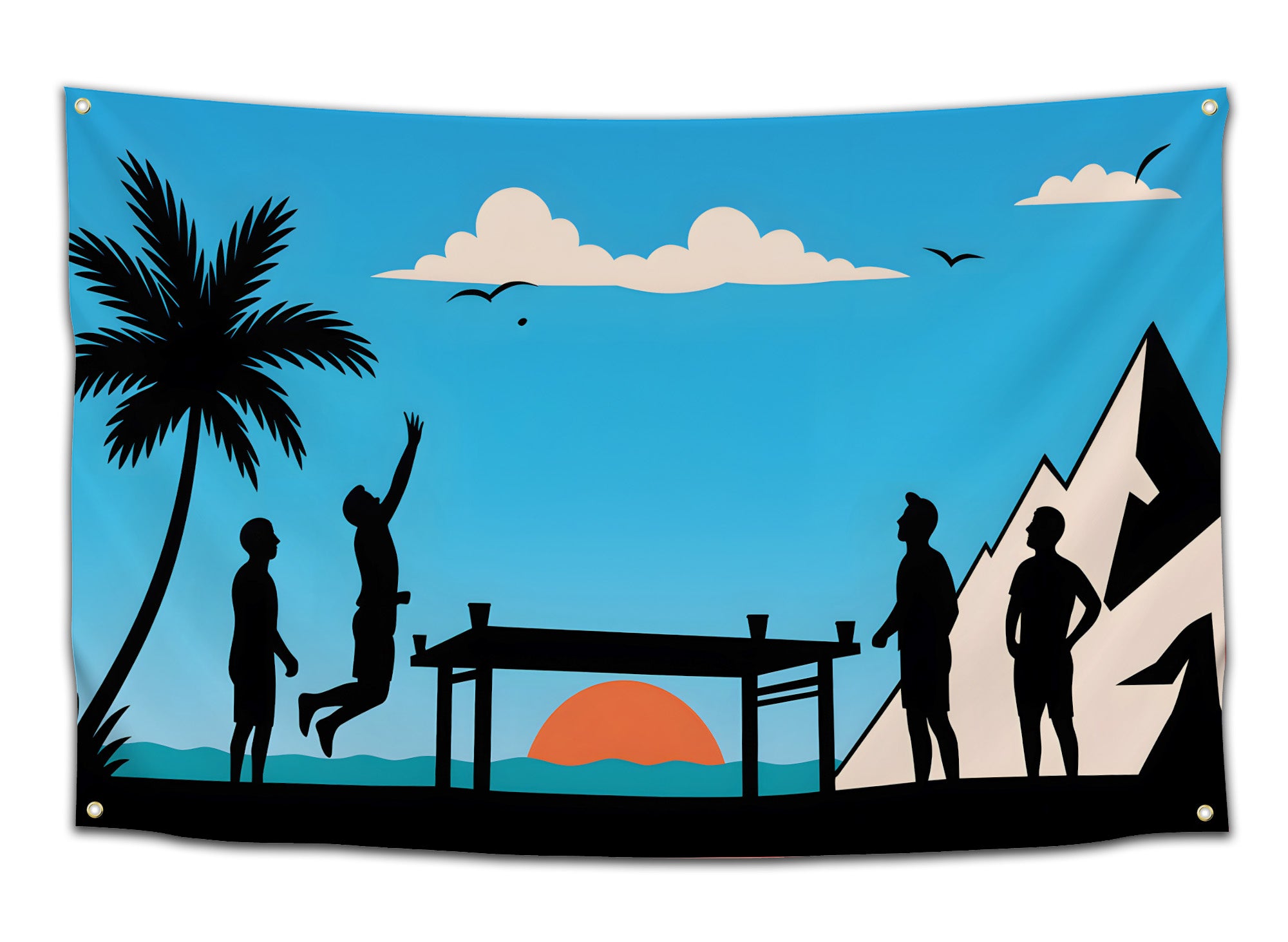 Blue beach-themed flag featuring silhouettes of four guys playing beer die at a table with palm trees, ocean waves, and a sunset — perfect tailgate or beach party flag for college drinkers from CollegeWares.