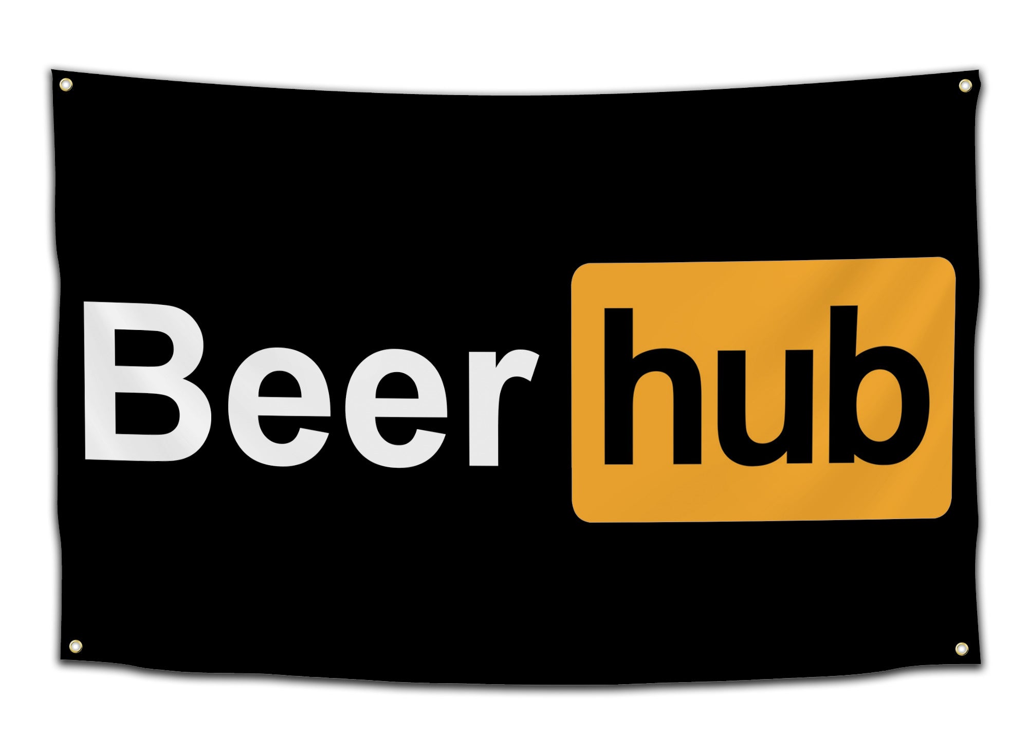 Funny “Beer Hub” logo parody flag in black, white, and orange – hilarious party dorm decor from CollegeWares.