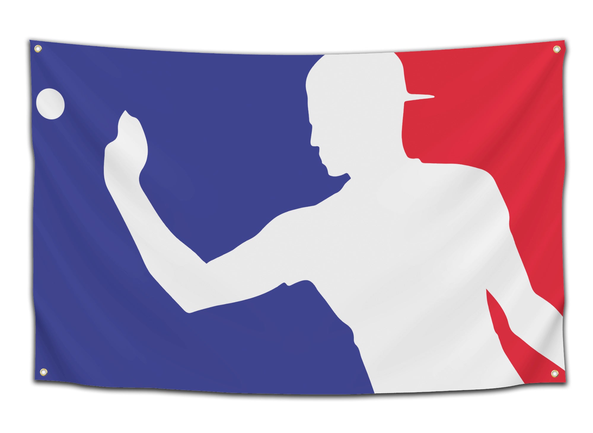 Funny red, white, and blue beer pong league logo flag – party-ready dorm decoration from CollegeWares.