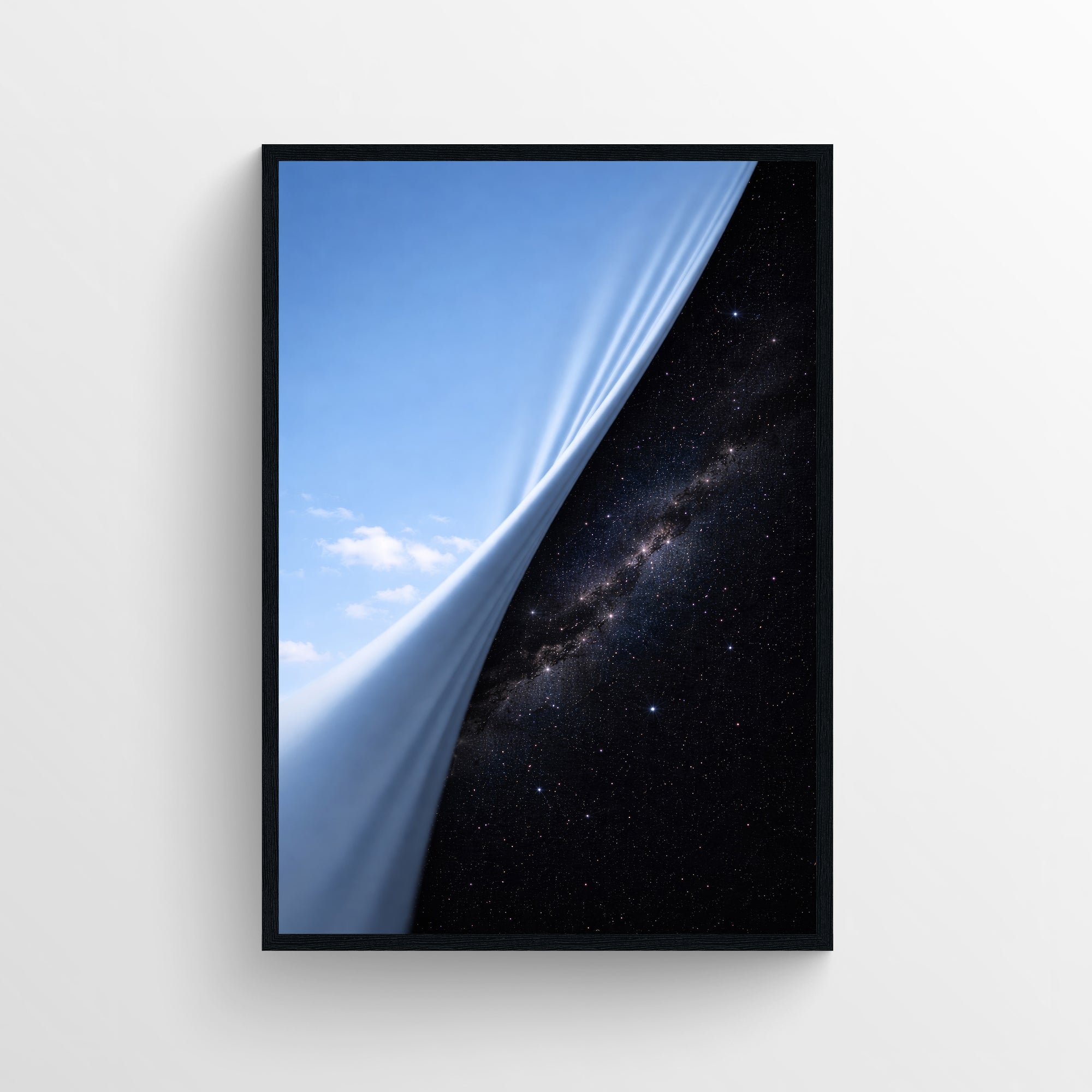 Surreal trippy wall poster showing a blue sky peeling open to reveal a star-filled galaxy — modern aesthetic room decor for college rooms, apartments, and creative studios by CollegeWares.