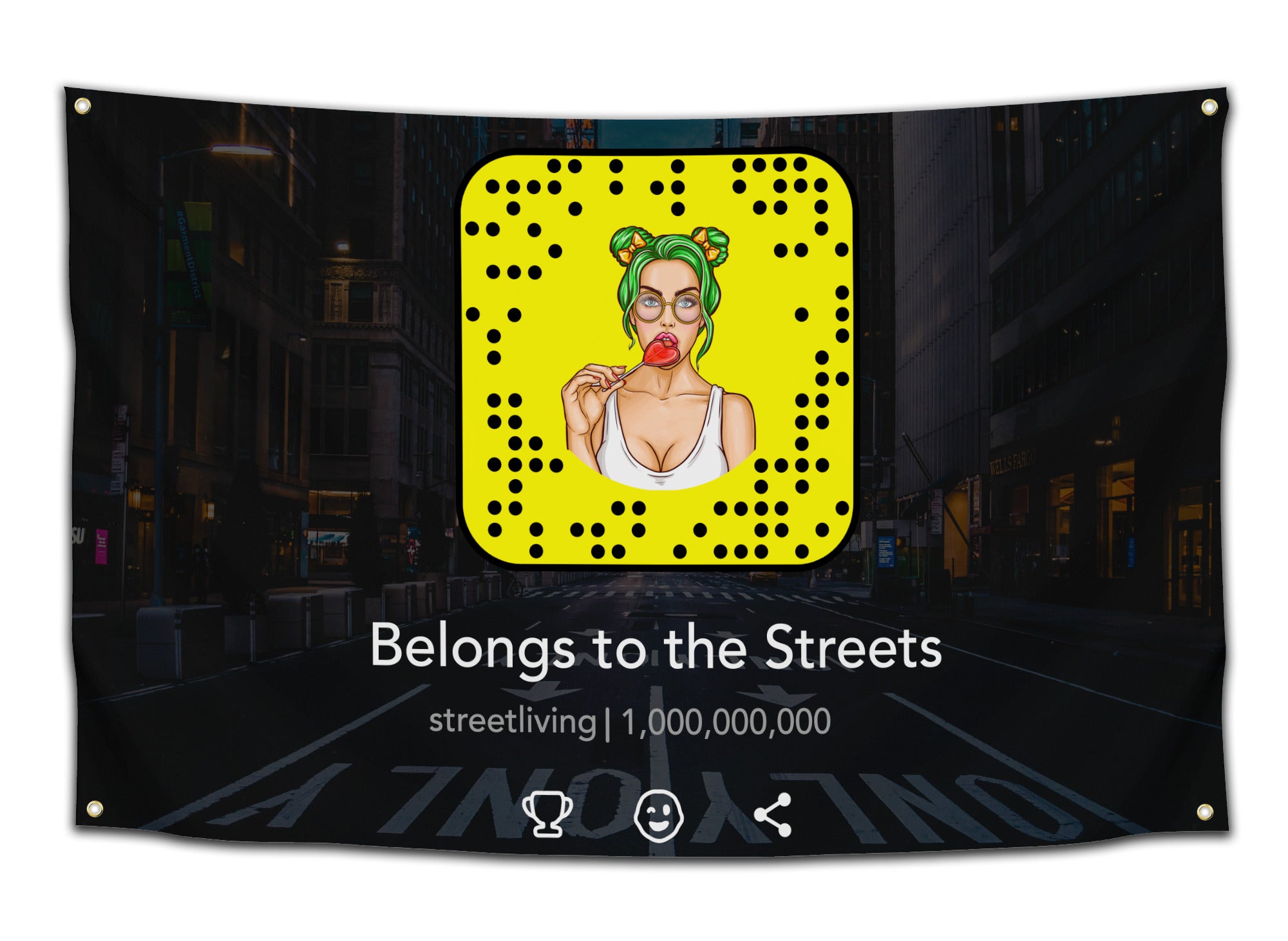 Funny Snapchat parody flag “Belongs to the Streets” with cartoon girl and urban background – savage meme decor from CollegeWares.
