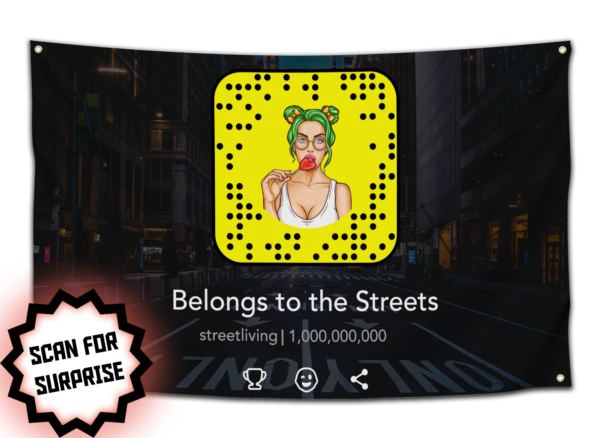 Funny Snapchat parody flag “Belongs to the Streets” with cartoon girl and urban background – savage meme decor from CollegeWares.