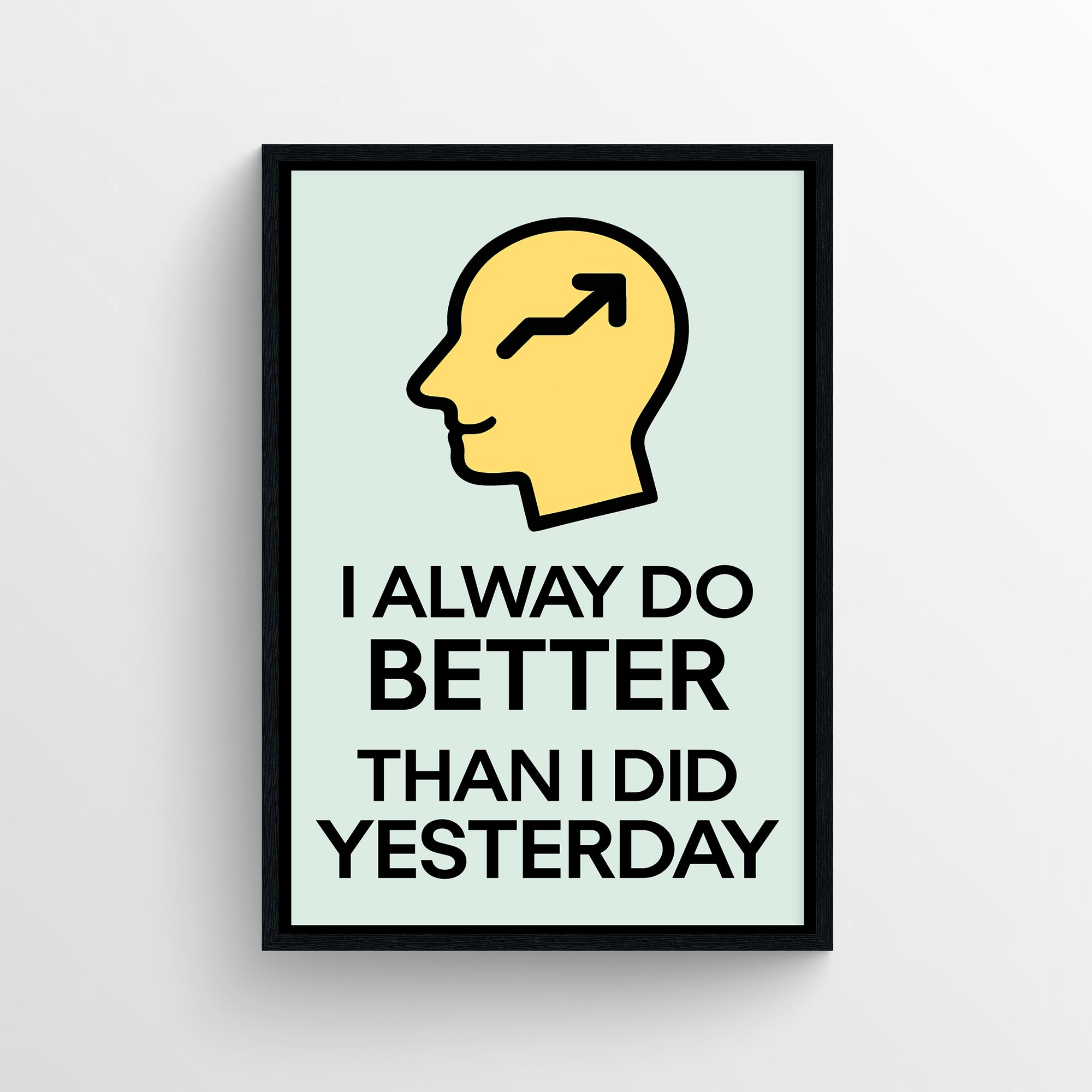 Minimalist “I Always Do Better Than I Did Yesterday” poster with bold typography and a yellow head icon featuring an upward arrow — modern motivational wall art for dorms, studios, and home offices by CollegeWares.