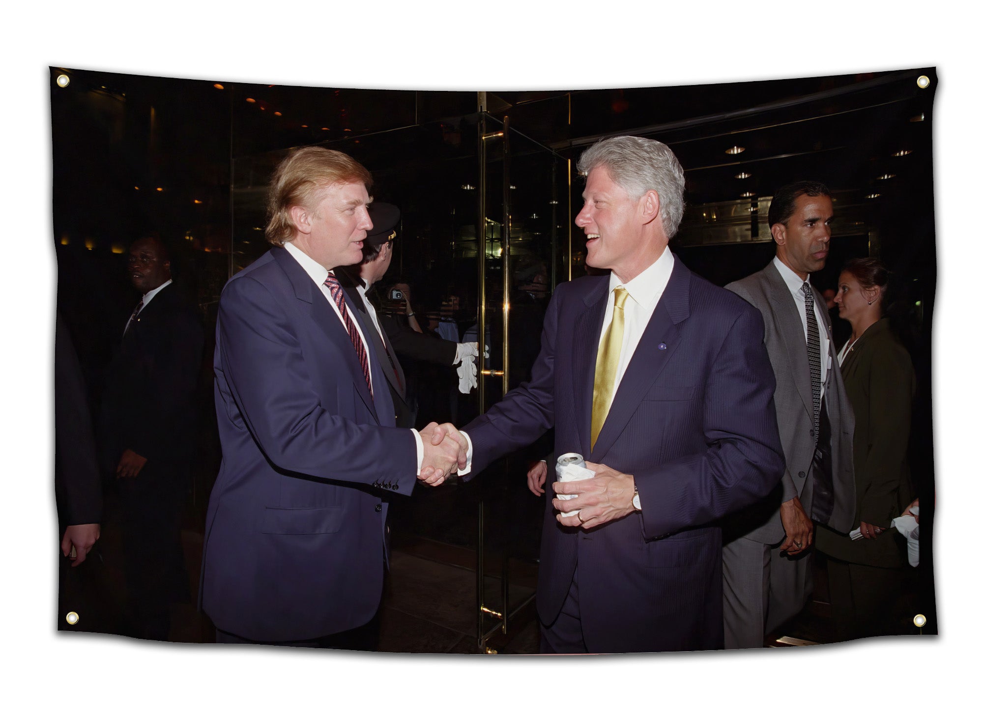 Funny flag showing Donald Trump and Bill Clinton politicians shaking hands — satirical college dorm and meme decor from CollegeWares.