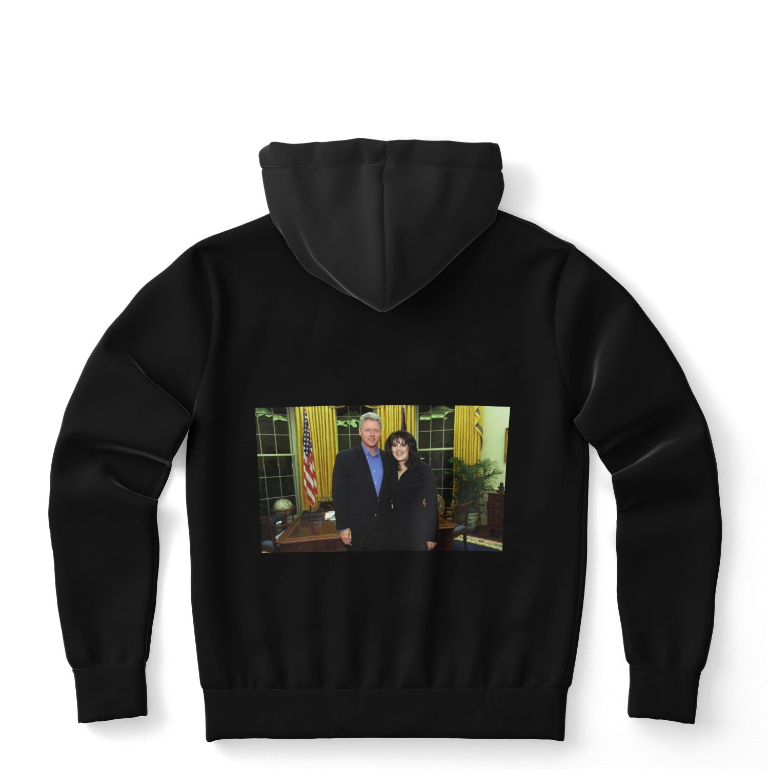 Back of hoodie features full-color Oval Office photo of Bill Clinton and Monica Lewinsky smiling together — viral, controversial statement design from CollegeWares.