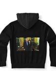 Back of hoodie features full-color Oval Office photo of Bill Clinton and Monica Lewinsky smiling together — viral, controversial statement design from CollegeWares.