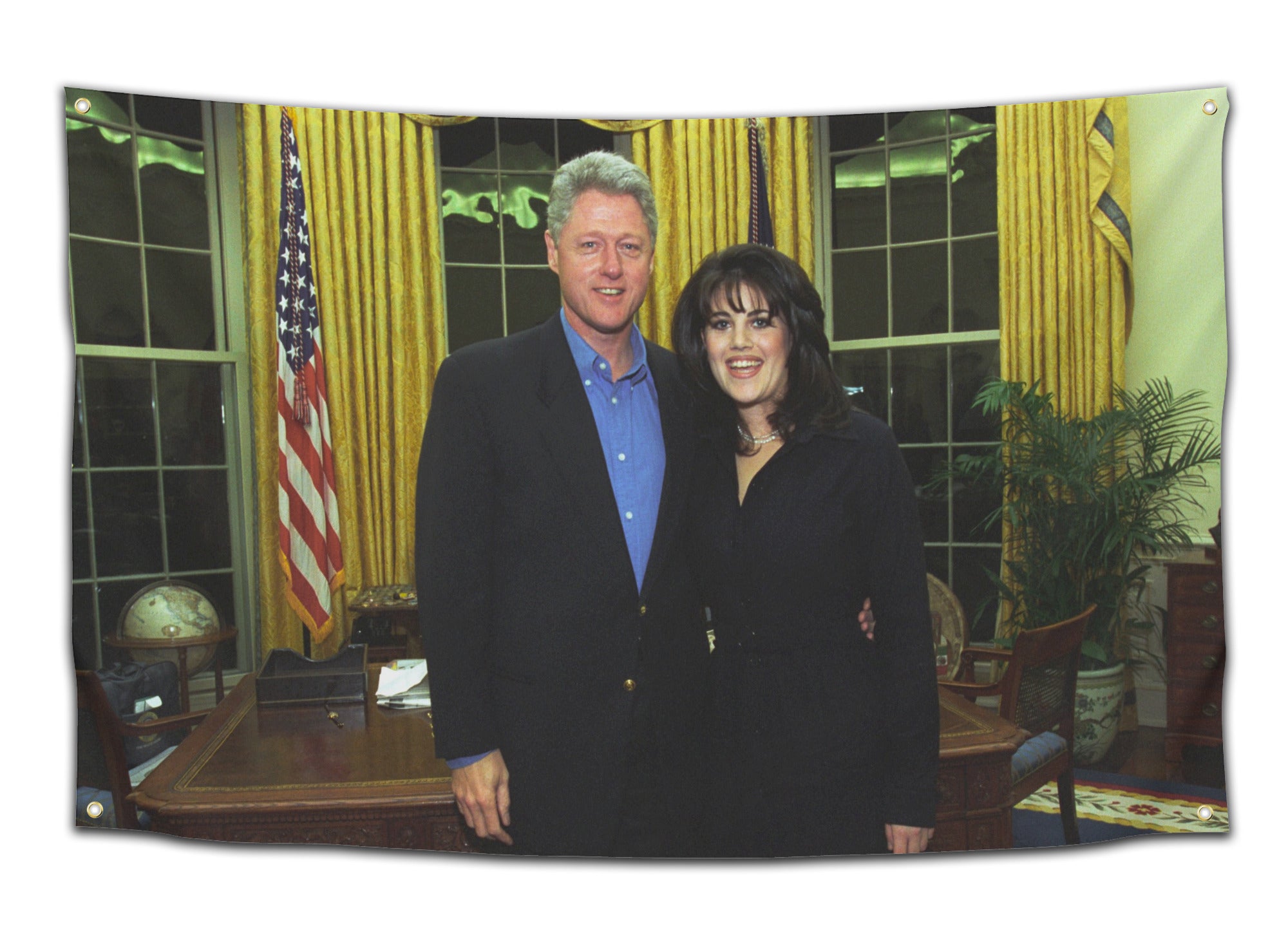 Funny historical meme flag featuring Bill Clinton and Monica Lewinsky photo in the Oval Office – bold dorm or party decor from CollegeWares.