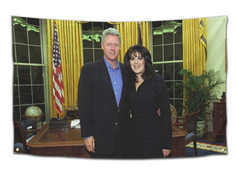 Funny historical meme flag featuring Bill Clinton and Monica Lewinsky photo in the Oval Office – bold dorm or party decor from CollegeWares.