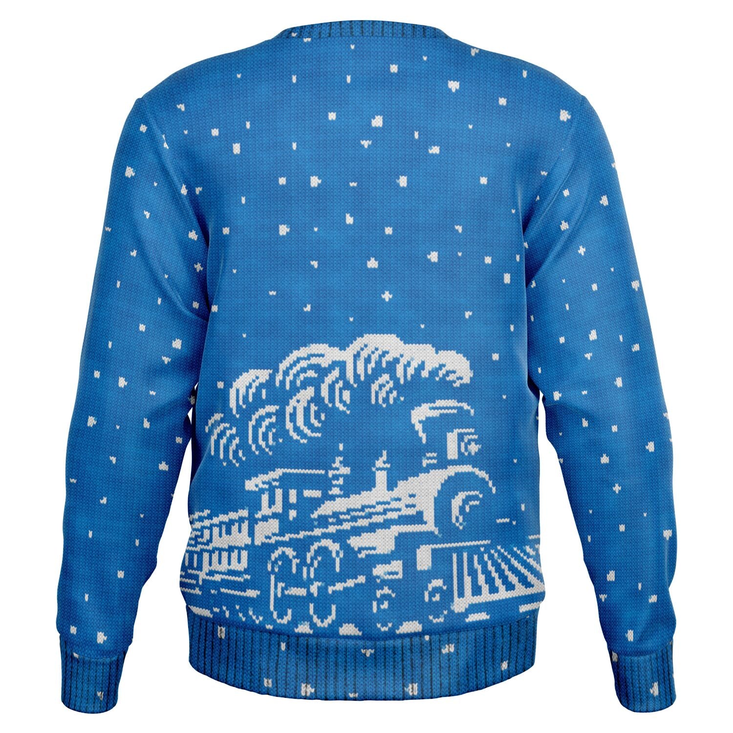 Back view of blue Christmas sweater with snowflake pattern and train graphic only — no text, statement design from CollegeWares.