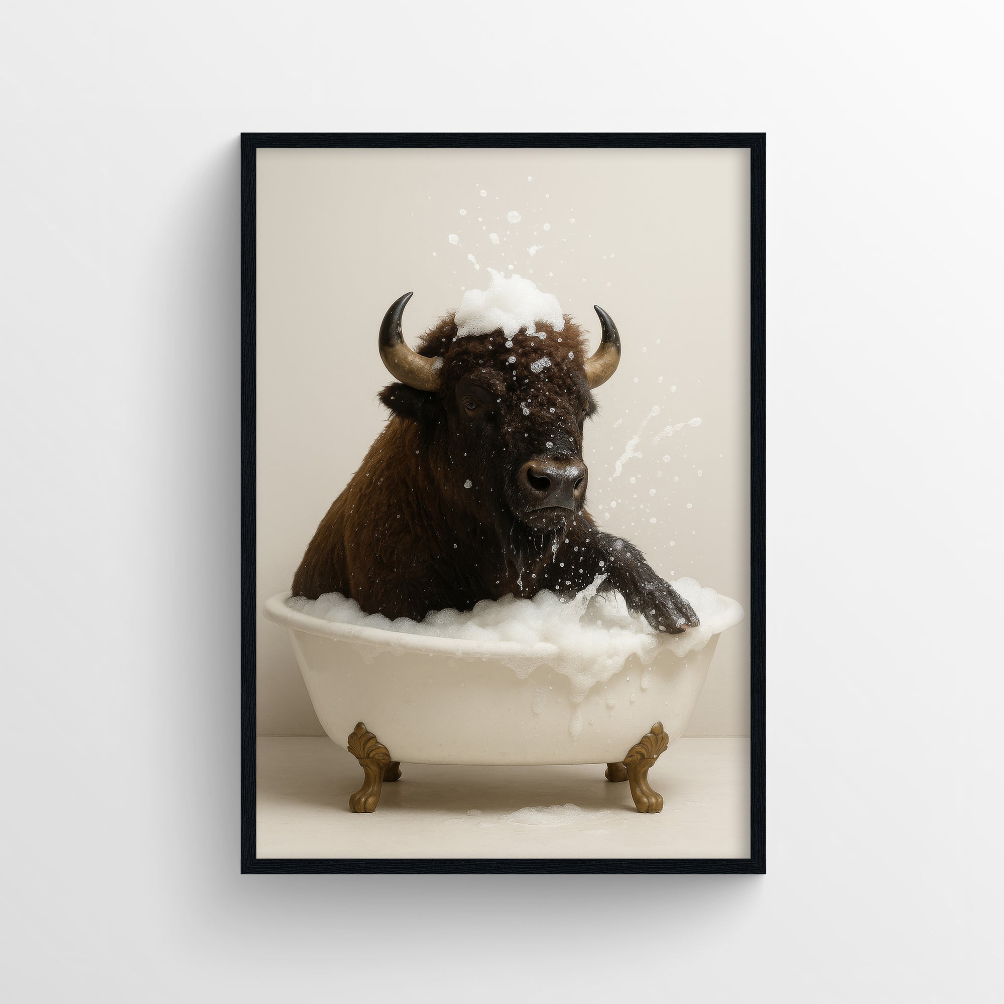 Photorealistic bison bathing in a clawfoot bathtub with soap and splashing water in a minimalist bathroom — modern bathroom wall art and animal print for apartments and guest baths from CollegeWares.