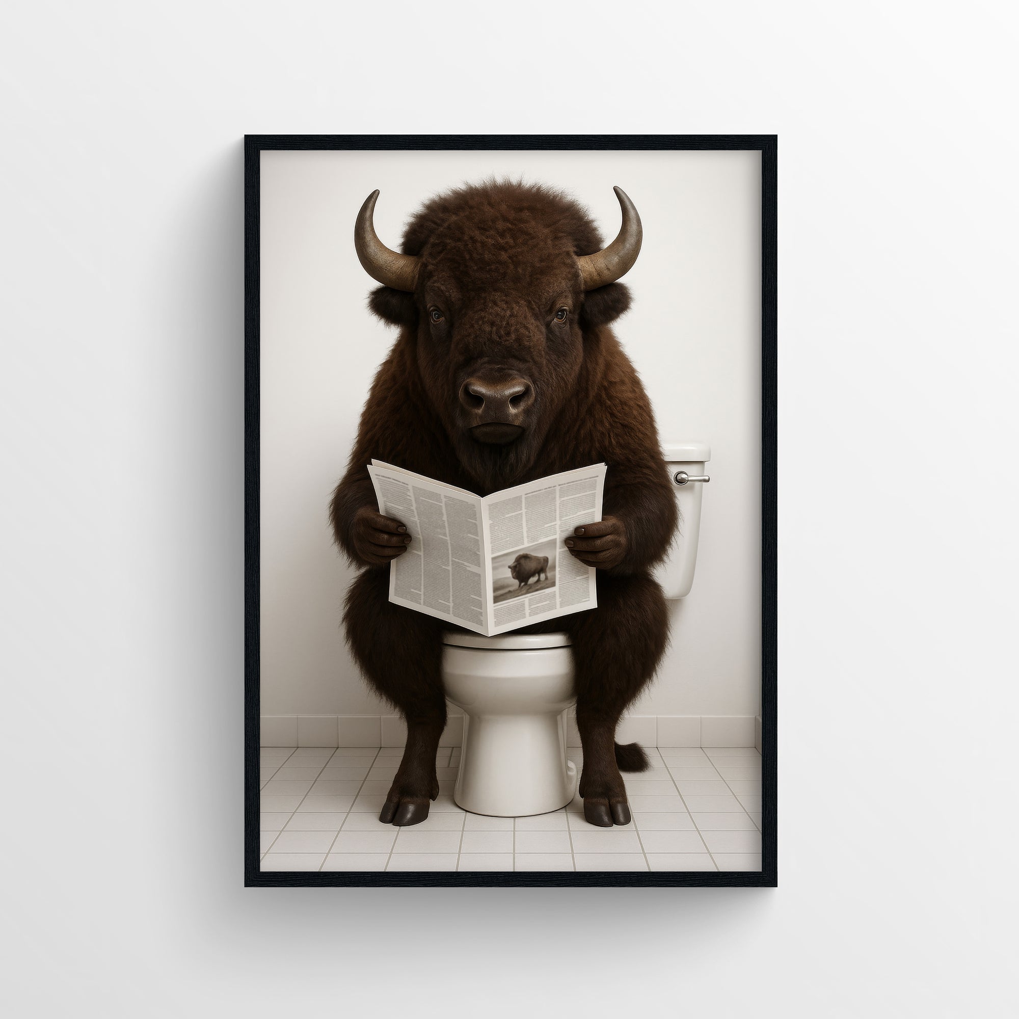 Photorealistic bison sitting on a toilet holding a newspaper in a clean tiled bathroom — bold animal wall art and funny bathroom poster for apartments, dorms, and rentals by CollegeWares.