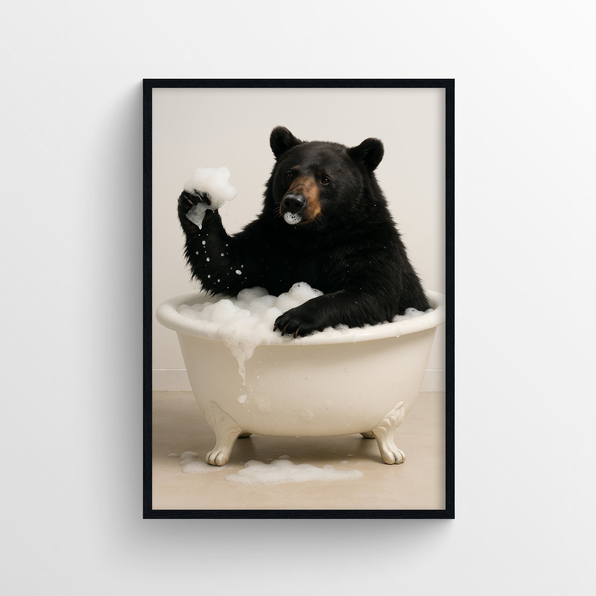 Photorealistic black bear sitting in a clawfoot bathtub holding soap bubbles in a minimalist bathroom — funny bathroom poster and modern animal wall print for apartments, dorms, and guest baths by CollegeWares.