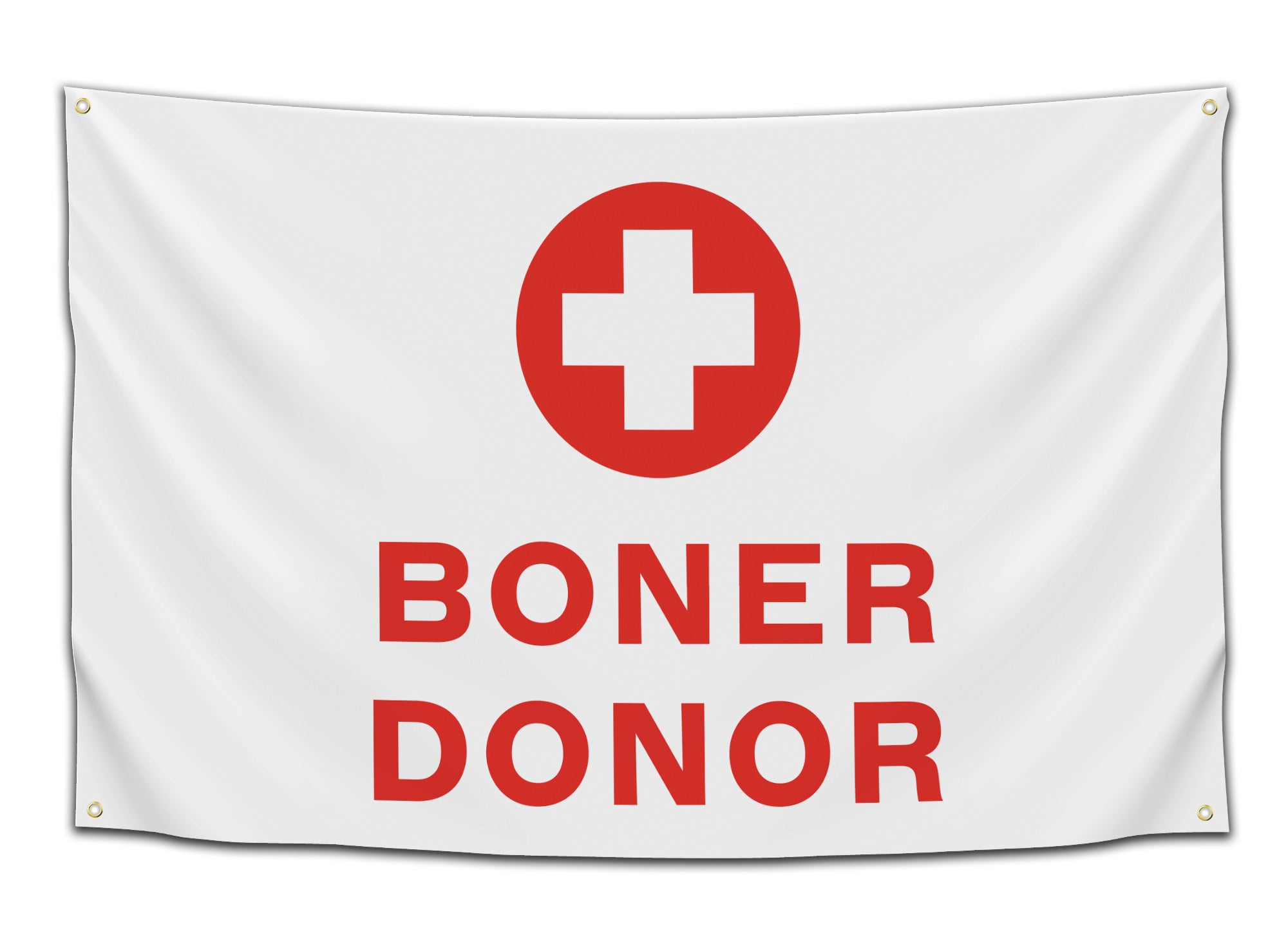 White flag with a red medical cross and the bold text “Boner Donor” – hilarious college dorm flag from CollegeWares.