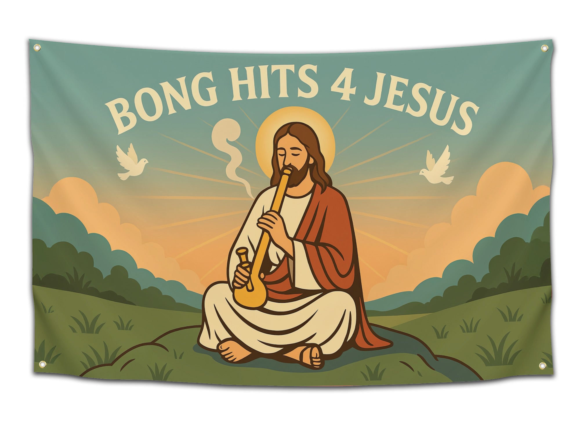 Peaceful mountain scene with haloed figure smoking from a bong, surrounded by doves and sunlight — “Bong Hits 4 Jesus” flag from CollegeWares.