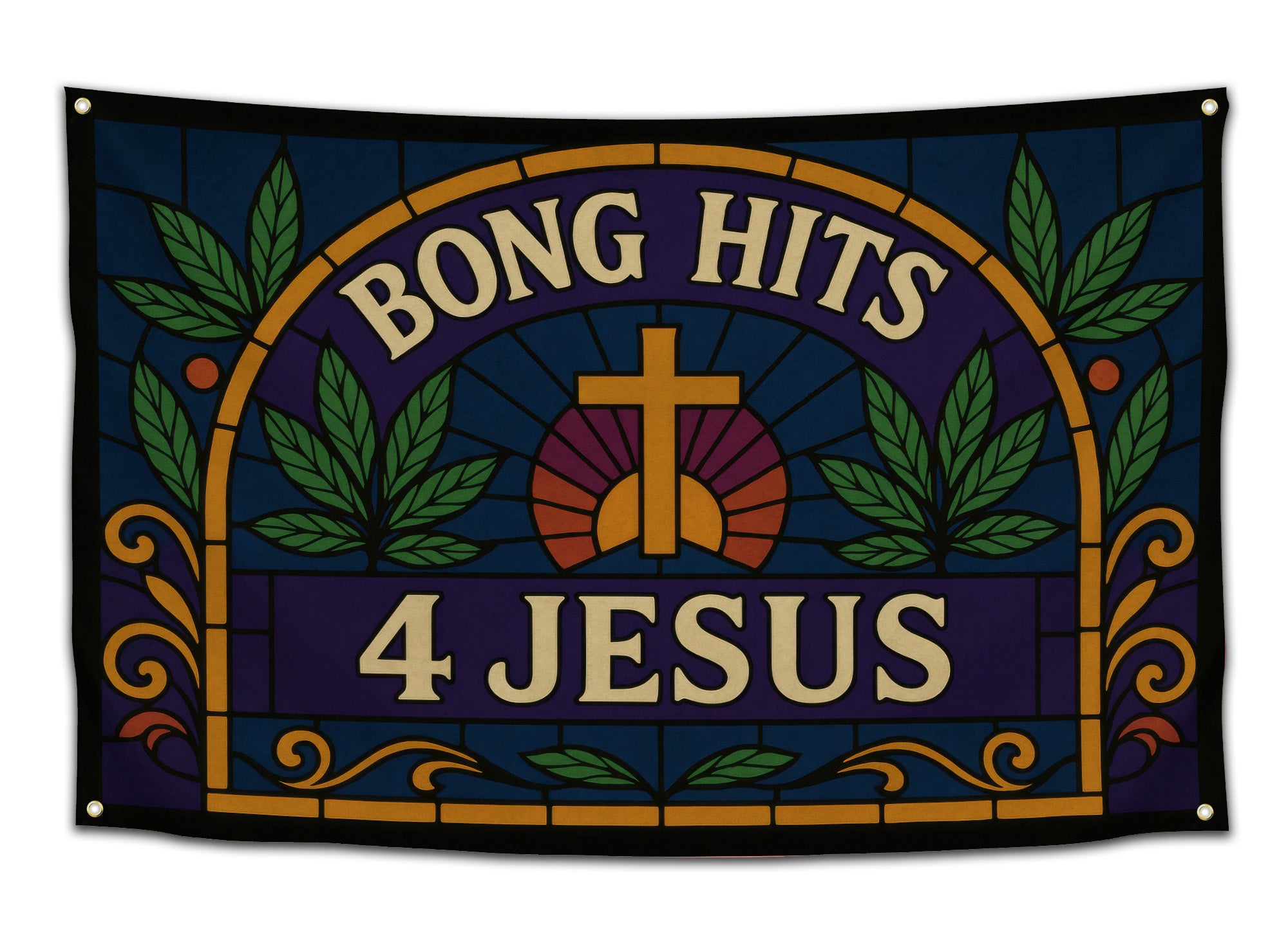 Stained glass “Bong Hits 4 Jesus” flag with cross, weed leaves, and golden frame design — funny stoner parody wall flag by CollegeWares.
