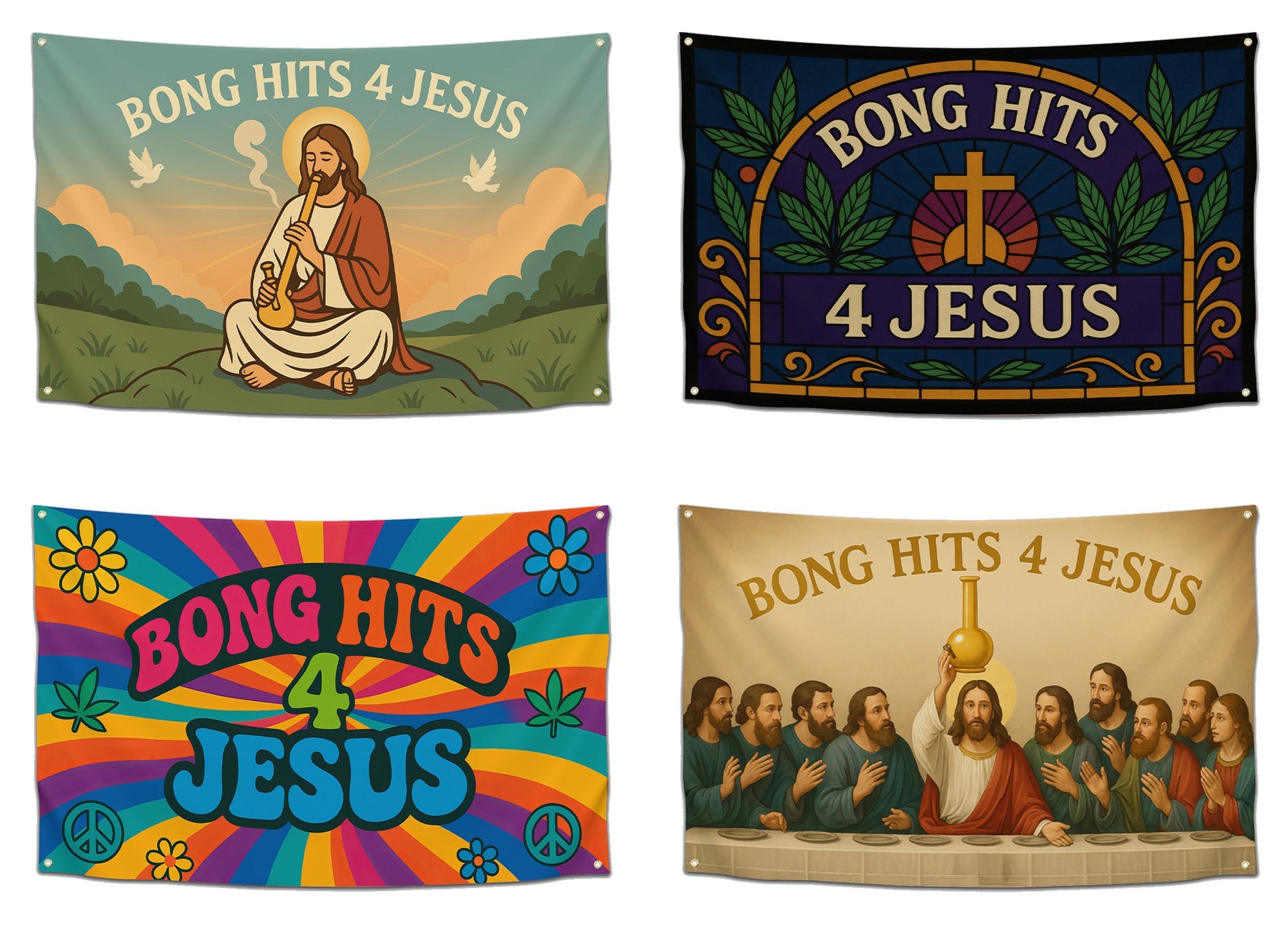 Four “Bong Hits 4 Jesus” flags displayed together — includes stained glass church design with cross and weed leaves, calm holy light version with figure and bong in sunrise scene, colorful psychedelic rainbow peace design, and parody of a last supper scene featuring a golden bong. Funny stoner wall flag collection by CollegeWares, shown side by side for comparison in a bright product display setting.