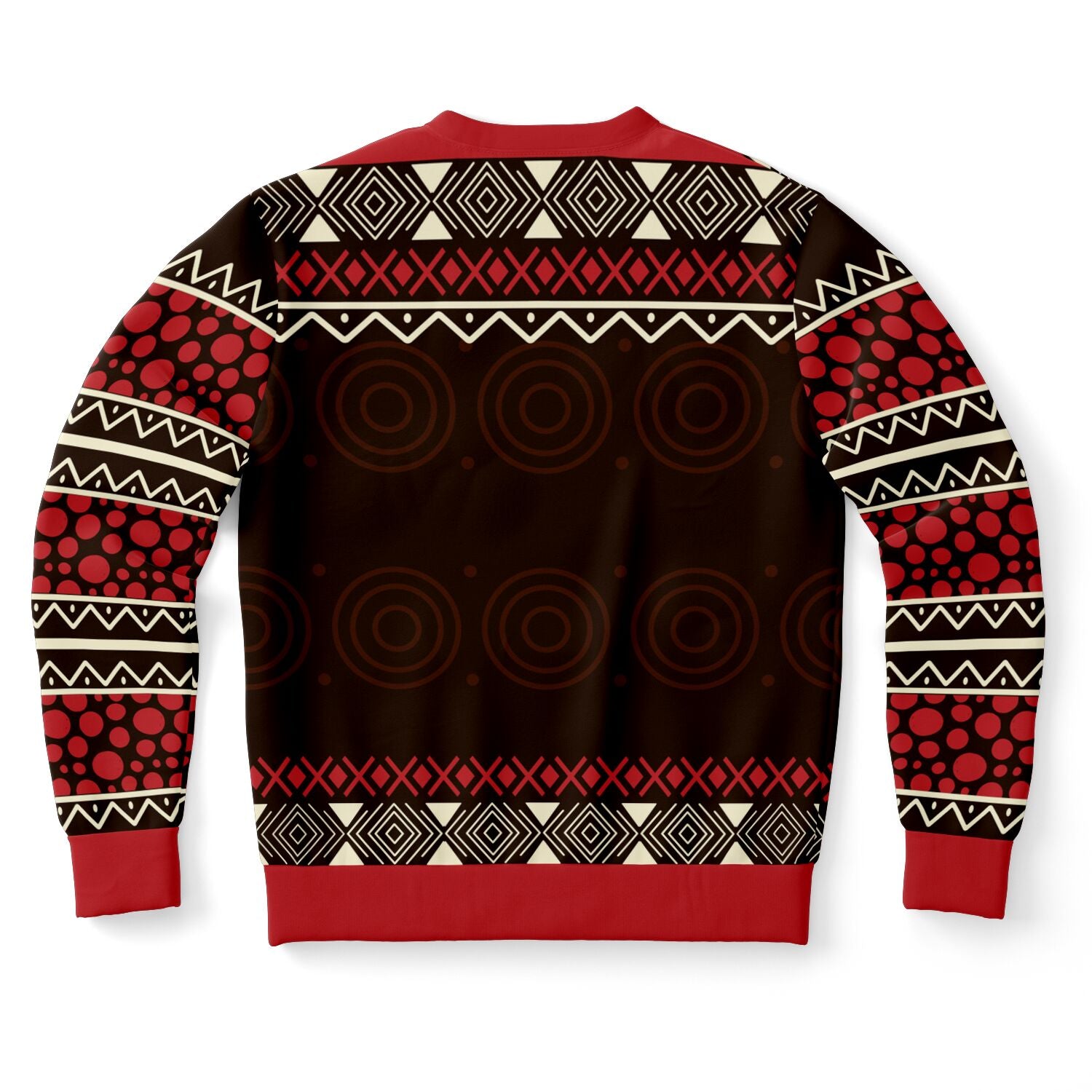 Back view of black and red geometric-patterned Christmas sweater with no text — edgy and sarcastic holiday style from CollegeWares.