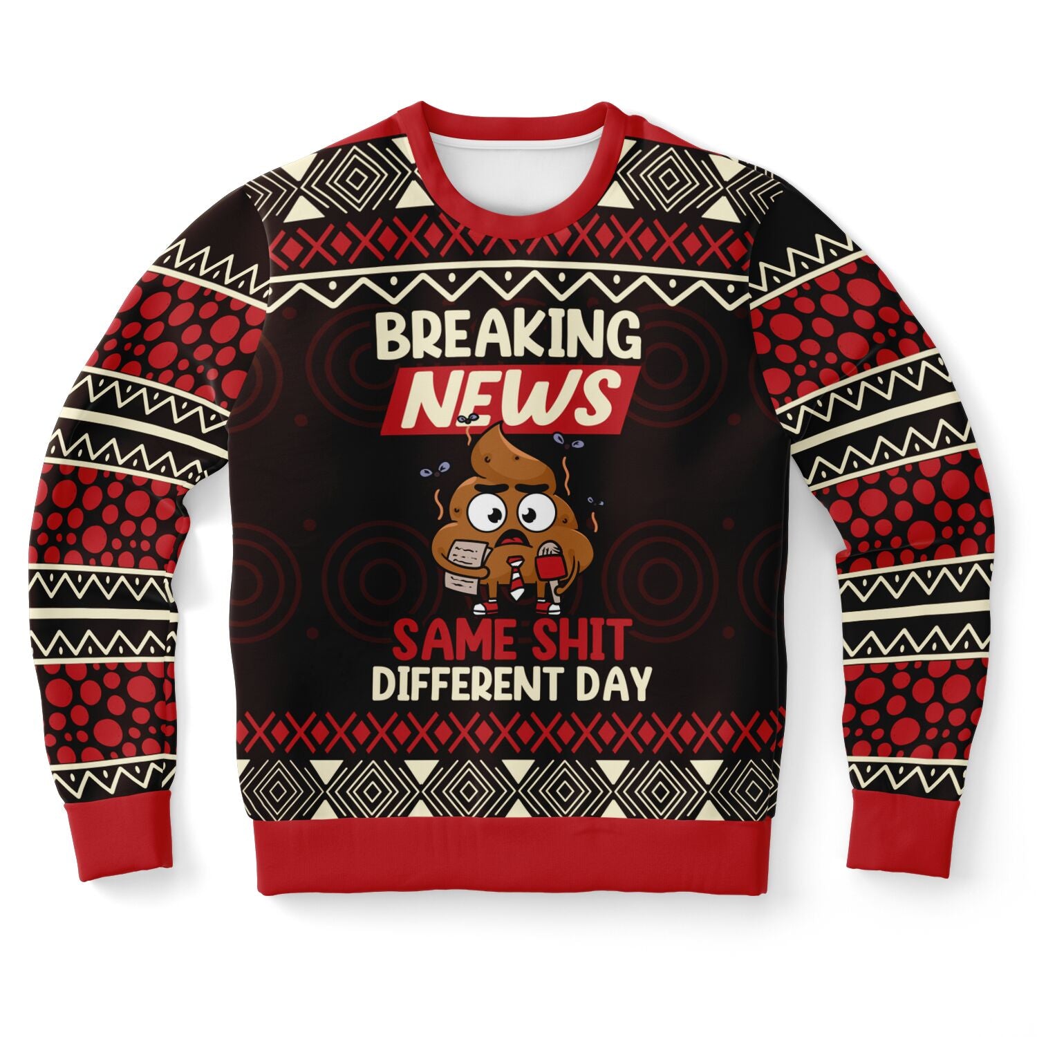 lack and red Christmas sweater with poop cartoon and bold “Breaking News: Same Shit Different Day” slogan — funny holiday loungewear from CollegeWares.