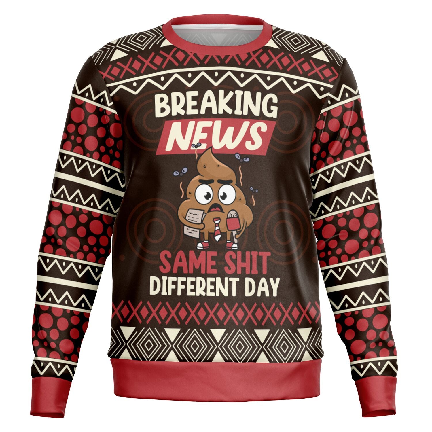 lack and red Christmas sweater with poop cartoon and bold “Breaking News: Same Shit Different Day” slogan — funny holiday loungewear from CollegeWares.
