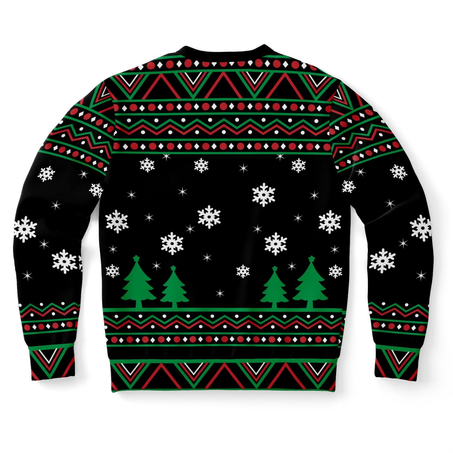 Back view of black Christmas sweater with green tree silhouettes and white snowflakes — festive and clean winter design from CollegeWares.
