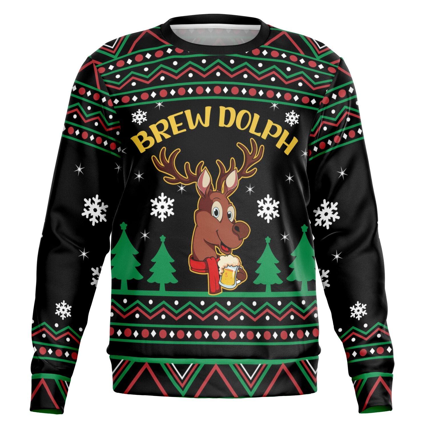 Black Christmas sweater with cartoon reindeer holding beer mug and bold yellow “Brew Dolph” text — funny beer-themed holiday sweater from CollegeWares.