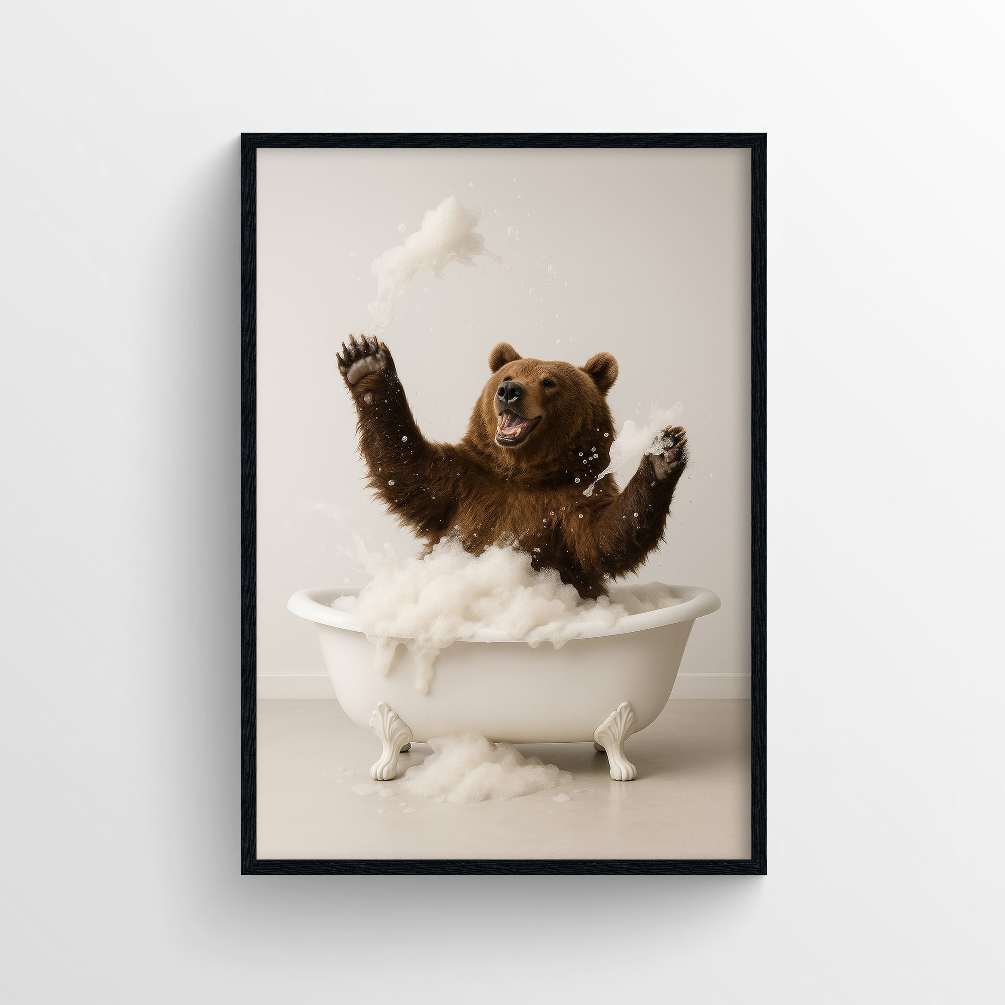 Photorealistic brown bear splashing and tossing soap while bathing in a clawfoot tub in a minimalist bathroom — funny bathroom poster and modern animal wall art for apartments, dorms, and guest baths from CollegeWares.