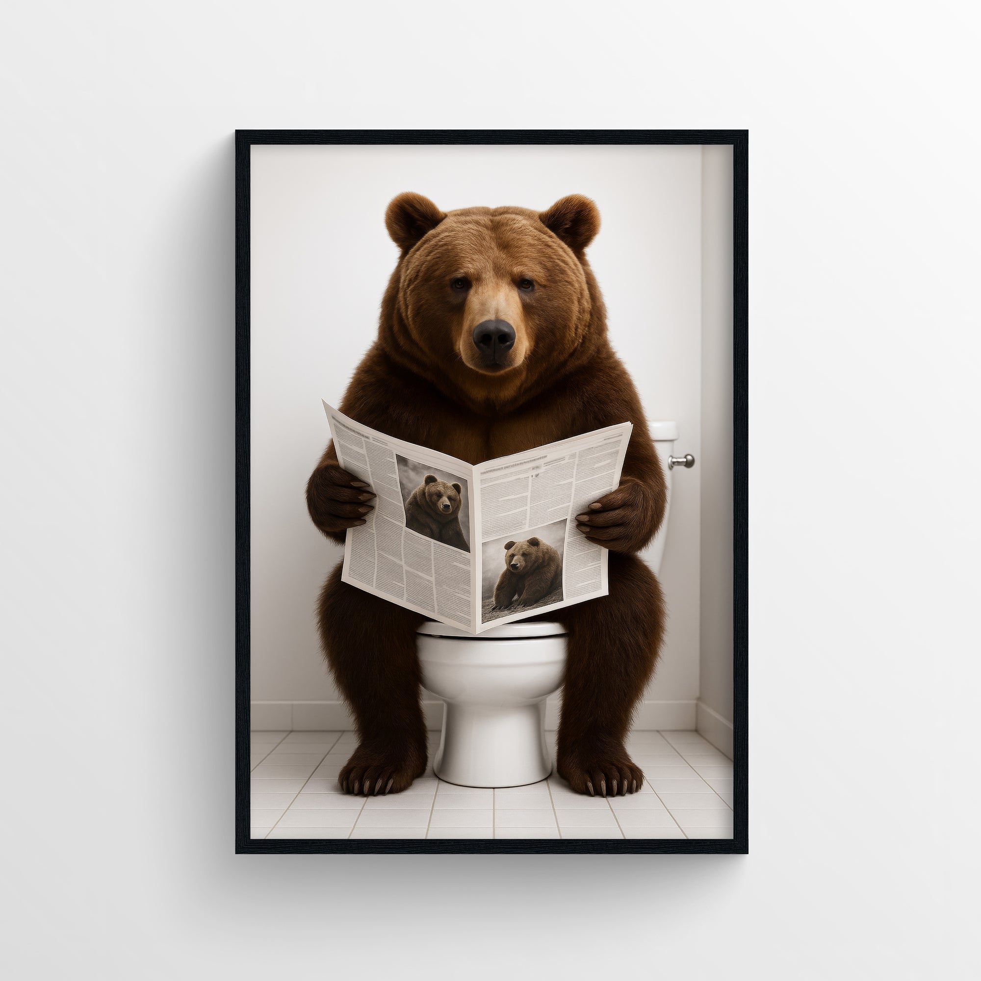 Photorealistic brown bear sitting on a toilet holding a newspaper in a clean tiled bathroom — funny bathroom poster and modern animal wall art for apartments, dorms, and guest bathrooms from CollegeWares.