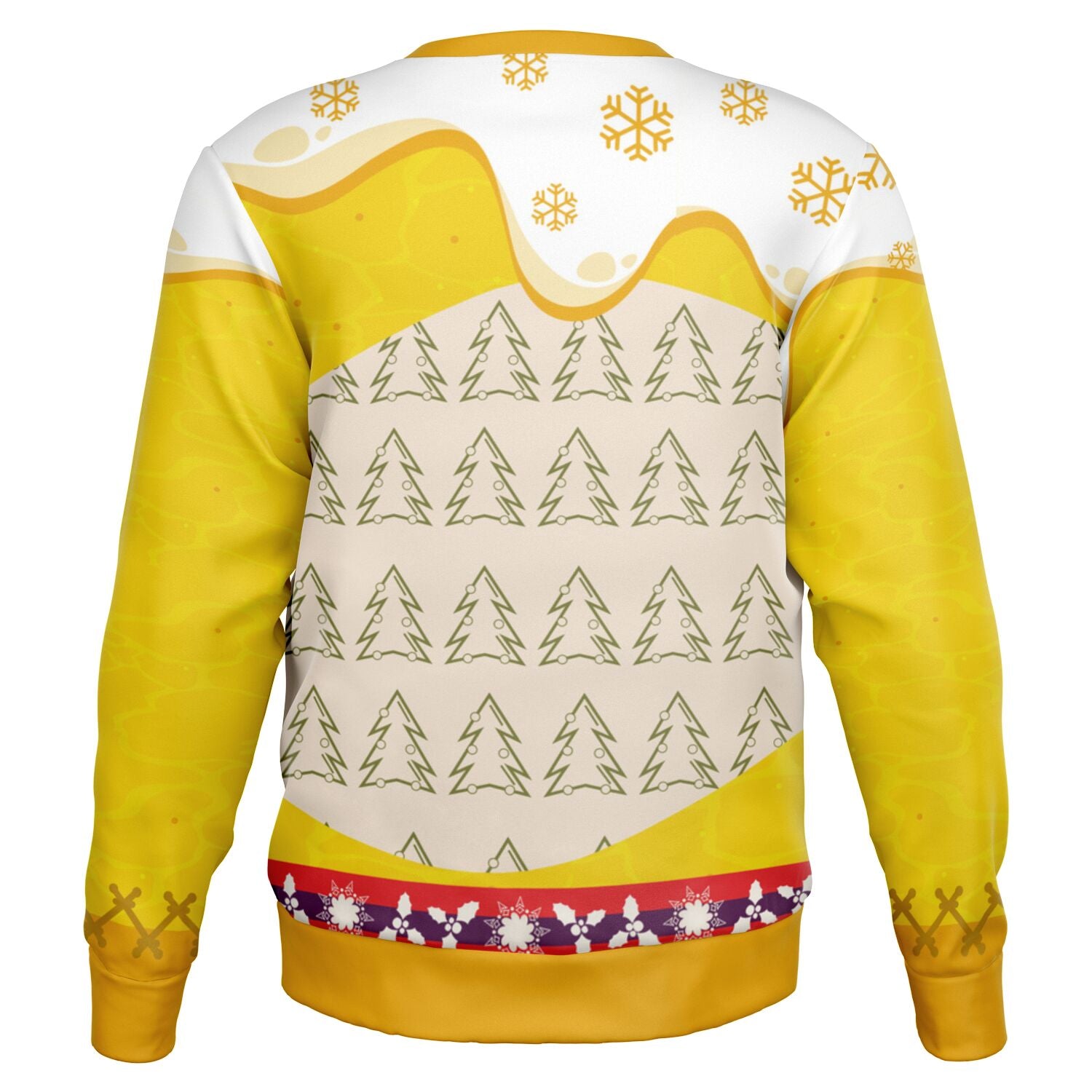 Back view of yellow and white beer-themed sweater with green tree pattern and no text — holiday drinking design from CollegeWares.
