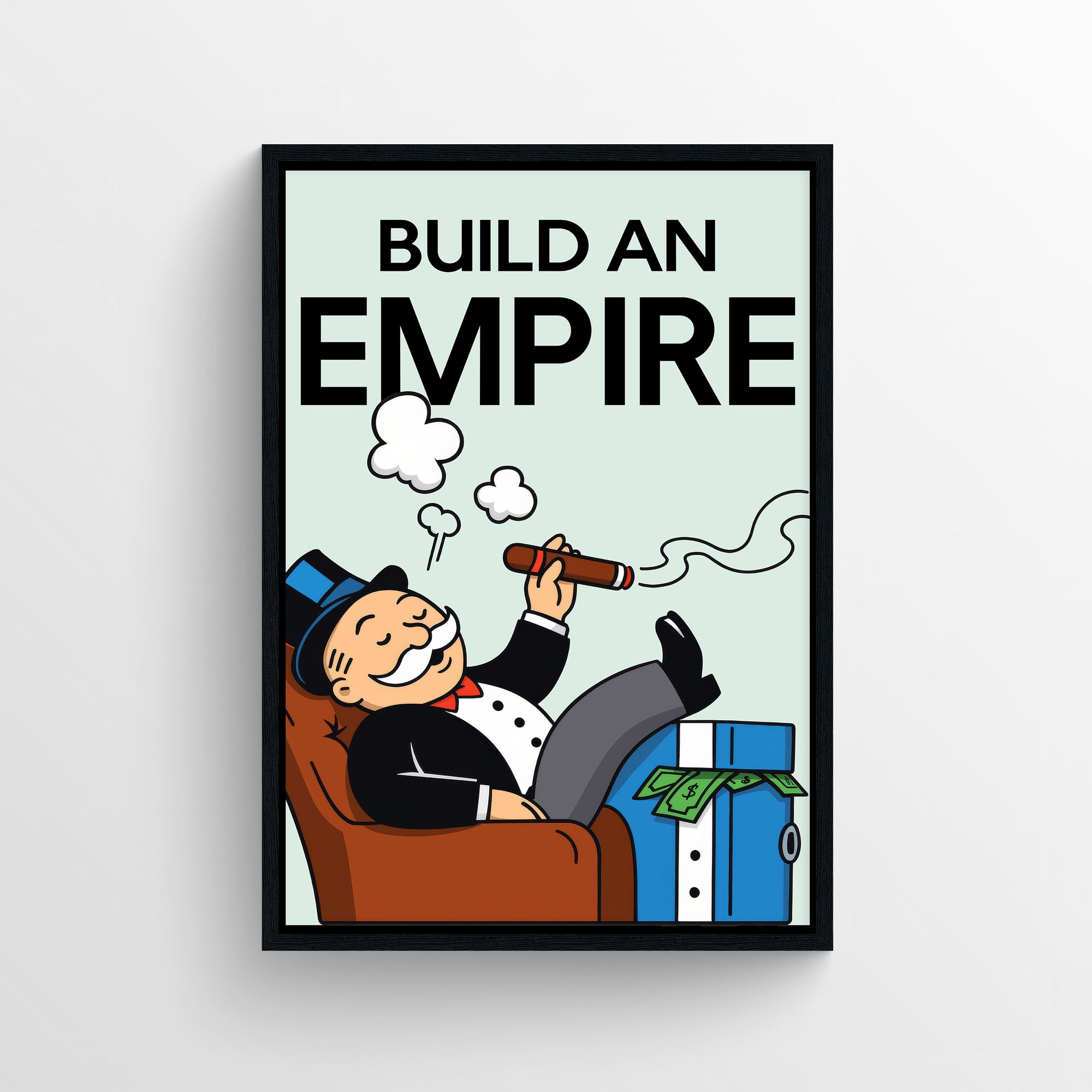 Motivational poster with bold “Build an Empire” text above a relaxed cartoon tycoon illustration — modern wall art for college rooms, offices, and apartment workspaces by CollegeWares.