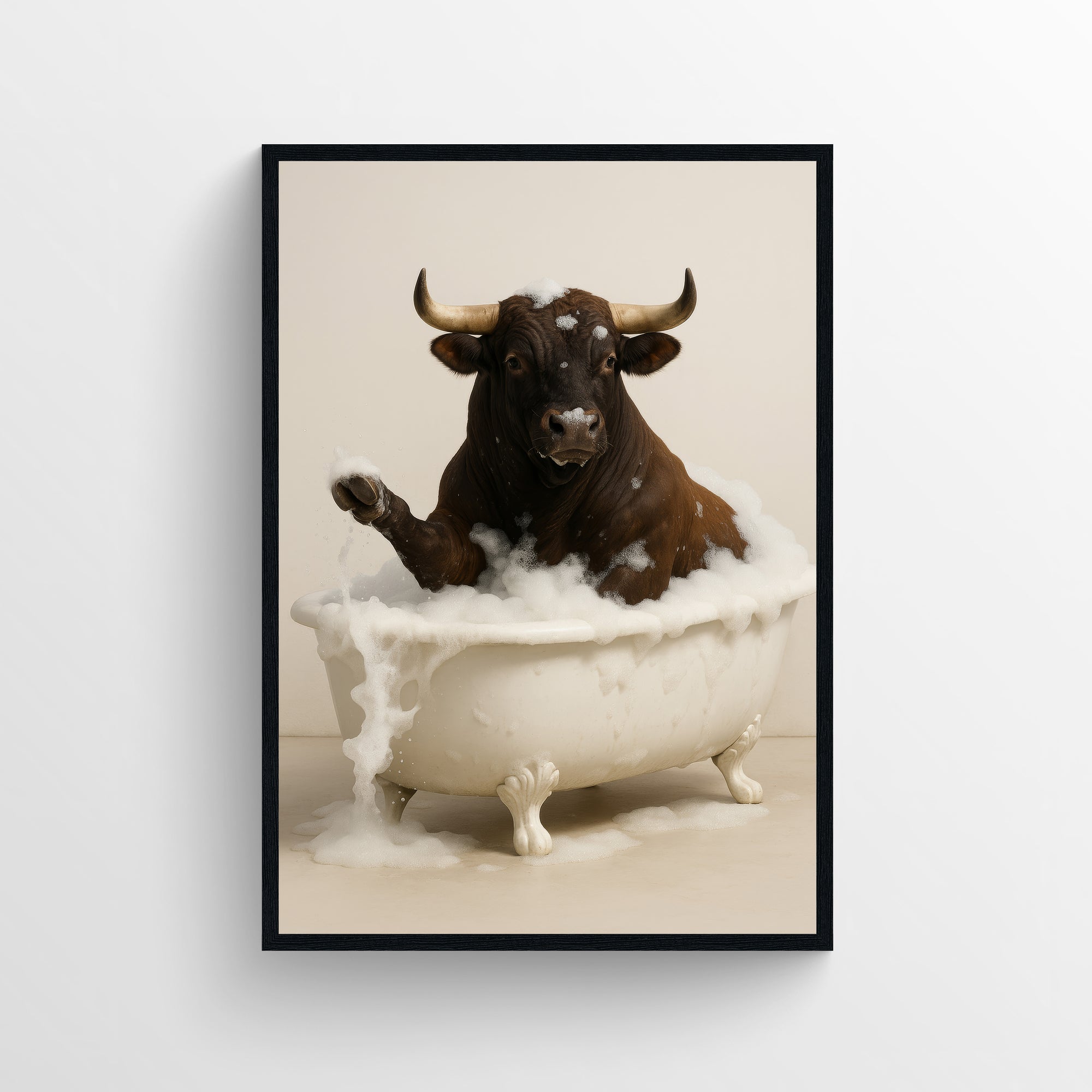 Photorealistic bull bathing in a clawfoot bathtub with soap bubbles spilling over the edge in a minimalist bathroom — funny bathroom poster and modern animal wall art for apartments, dorms, and guest baths by CollegeWares.