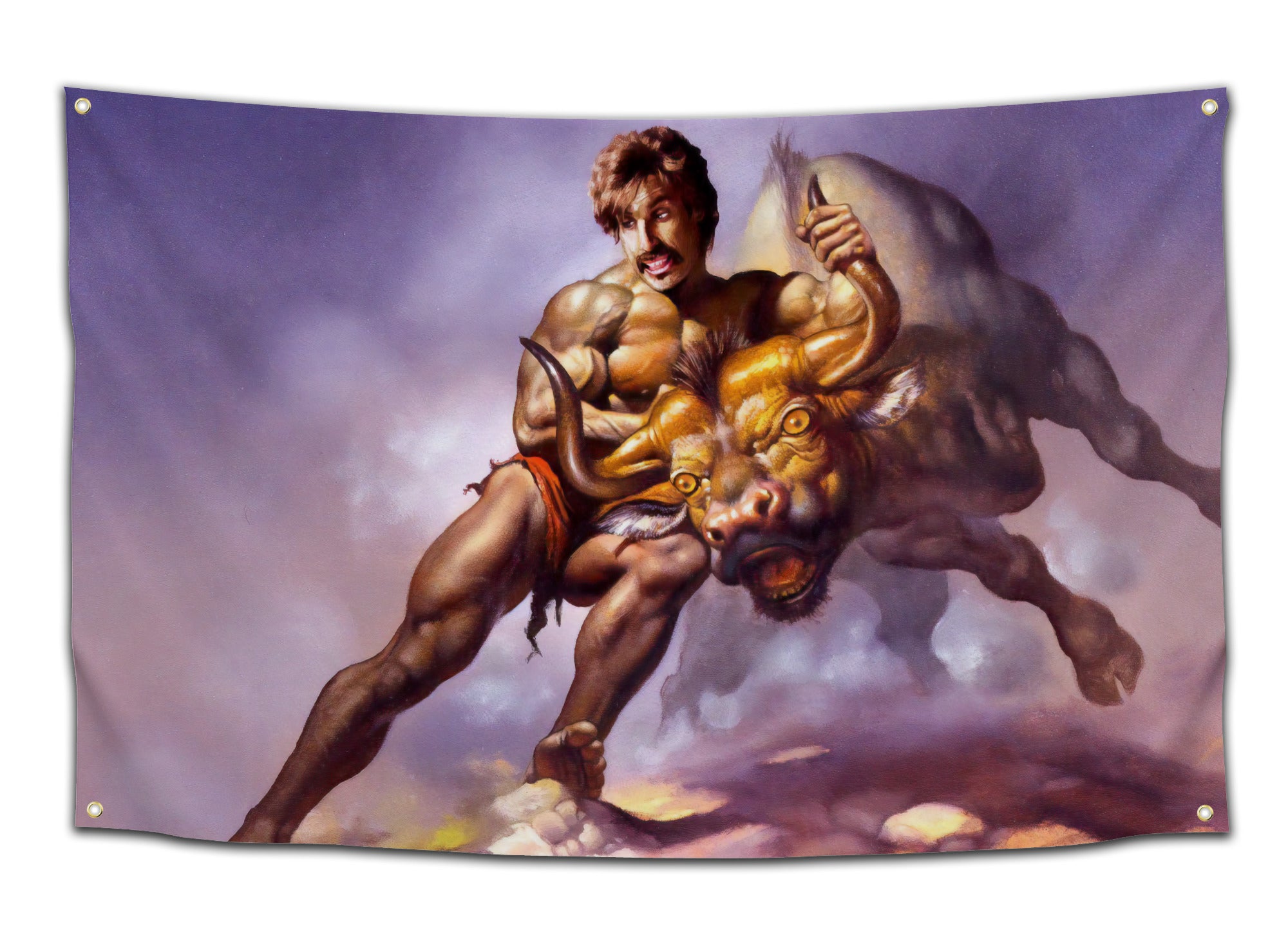 Epic fantasy-style flag showing a muscular man wrestling a wild bull with a heroic expression – outrageous meme flag from CollegeWares.