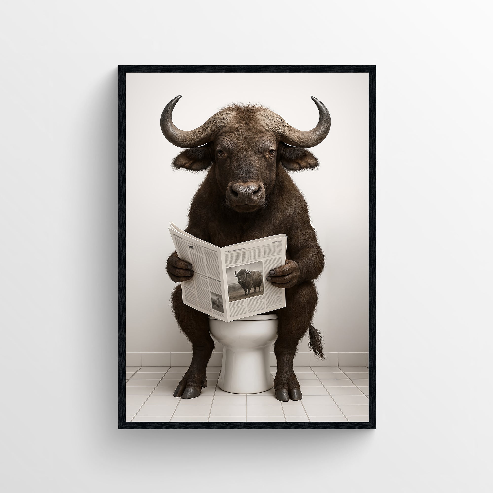 Minimalist bathroom scene showing a photorealistic bull seated on a toilet while reading a newspaper — modern animal wall art and funny bathroom poster for apartments, dorms, and guest baths from CollegeWares.