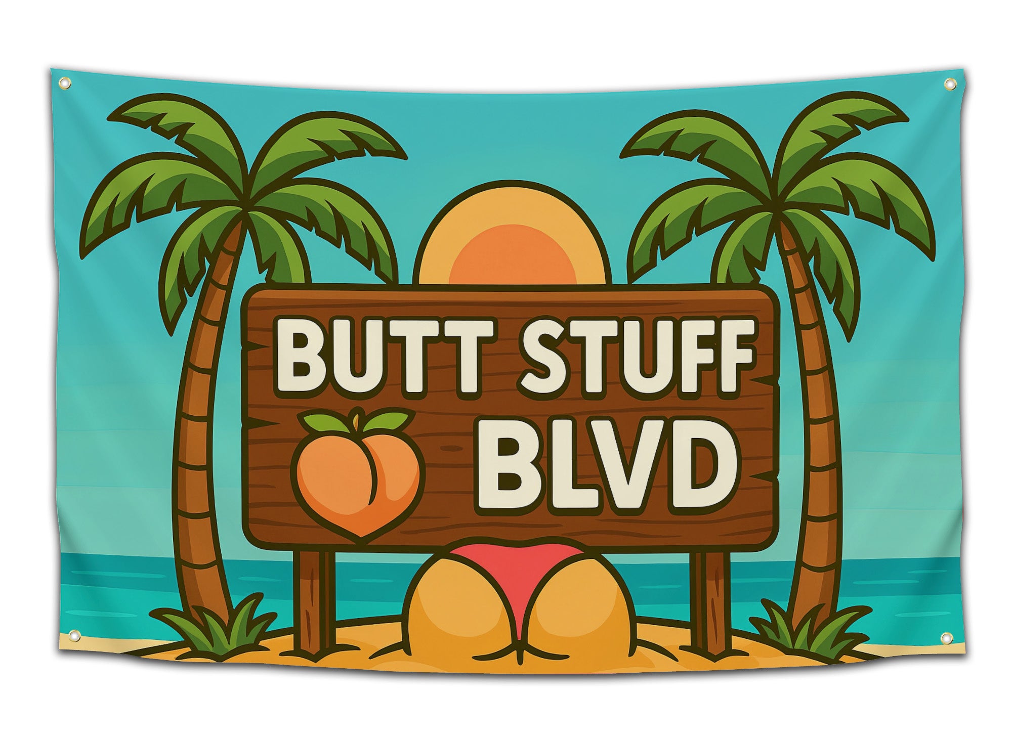 Cartoon-style beach flag with a wooden sign reading “Butt Stuff Blvd,” palm trees, a peach emoji, and sunset — funny tropical party flag for dorms and beach houses from CollegeWares.