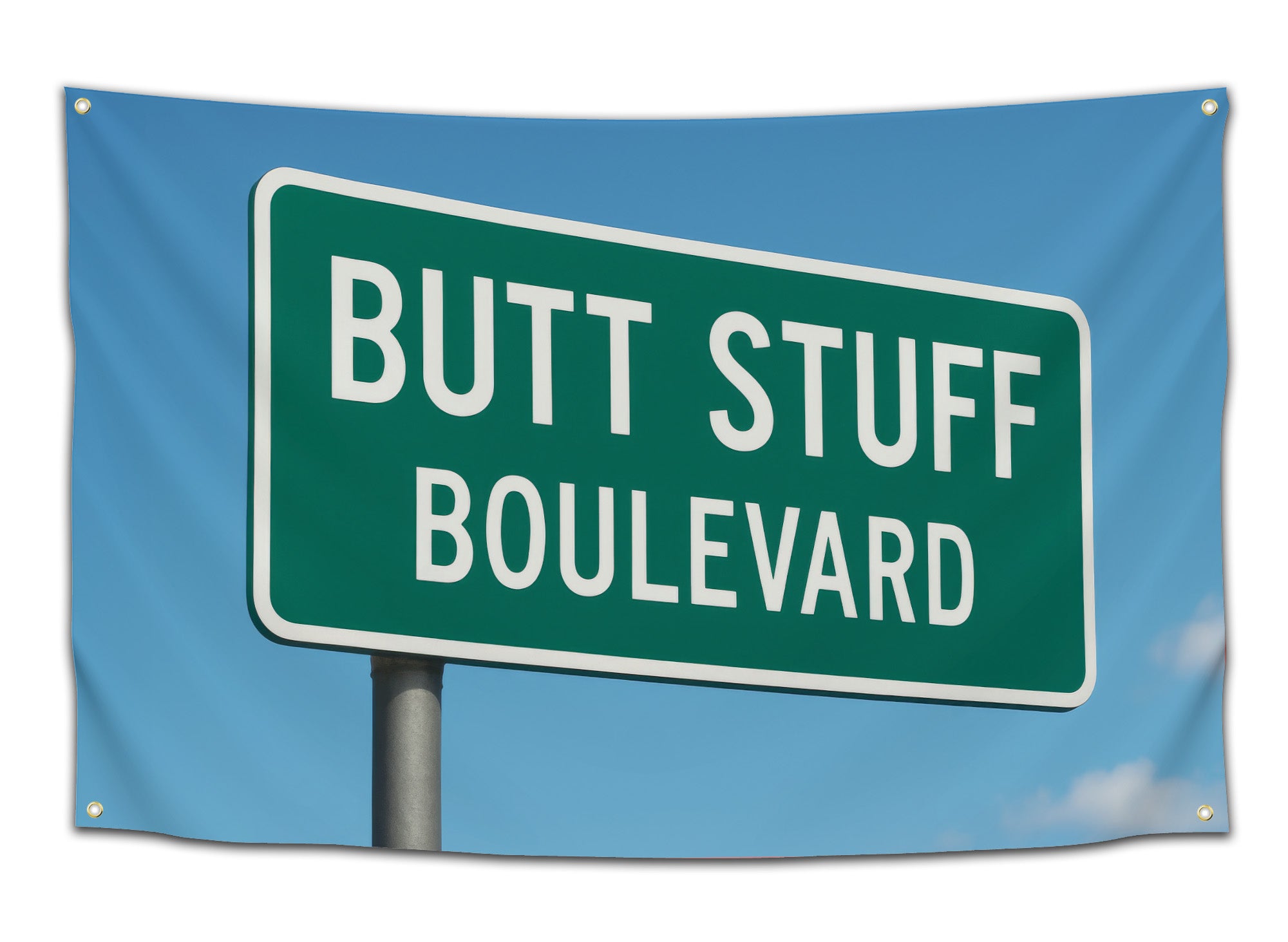 Green highway-style sign flag with white text reading “Butt Stuff Boulevard” against a blue sky — funny adult humor dorm flag for college students from CollegeWares.