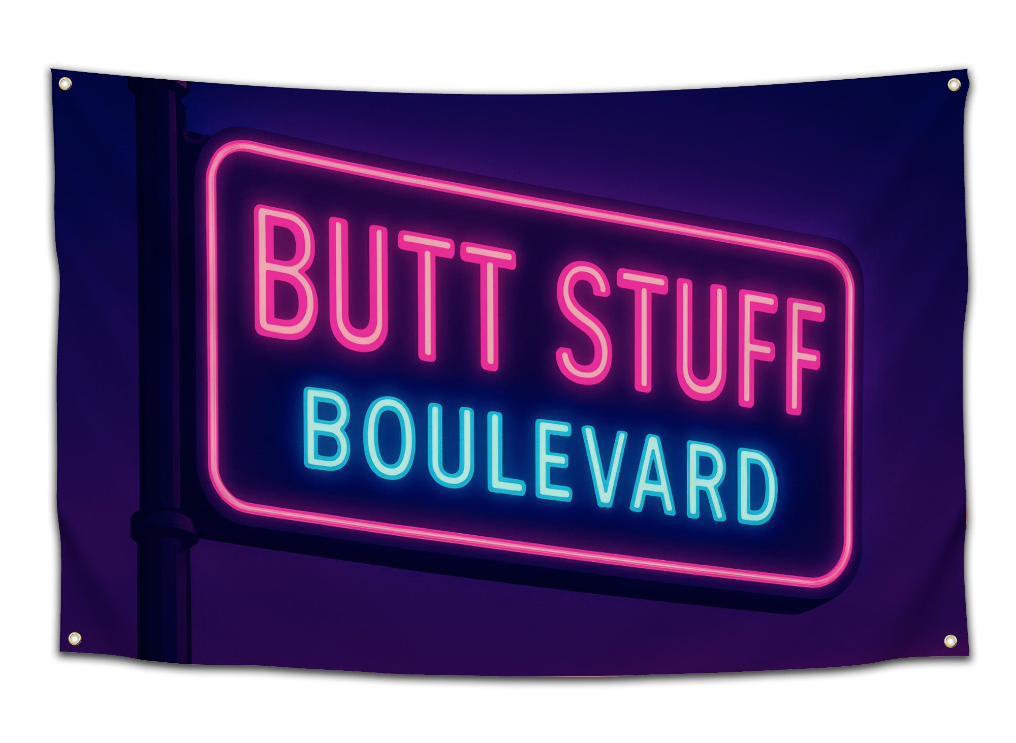 Neon pink and blue flag reading “Butt Stuff Boulevard” — glowing bar sign-style design perfect for party rooms, dorms, and nightlife lovers from CollegeWares.