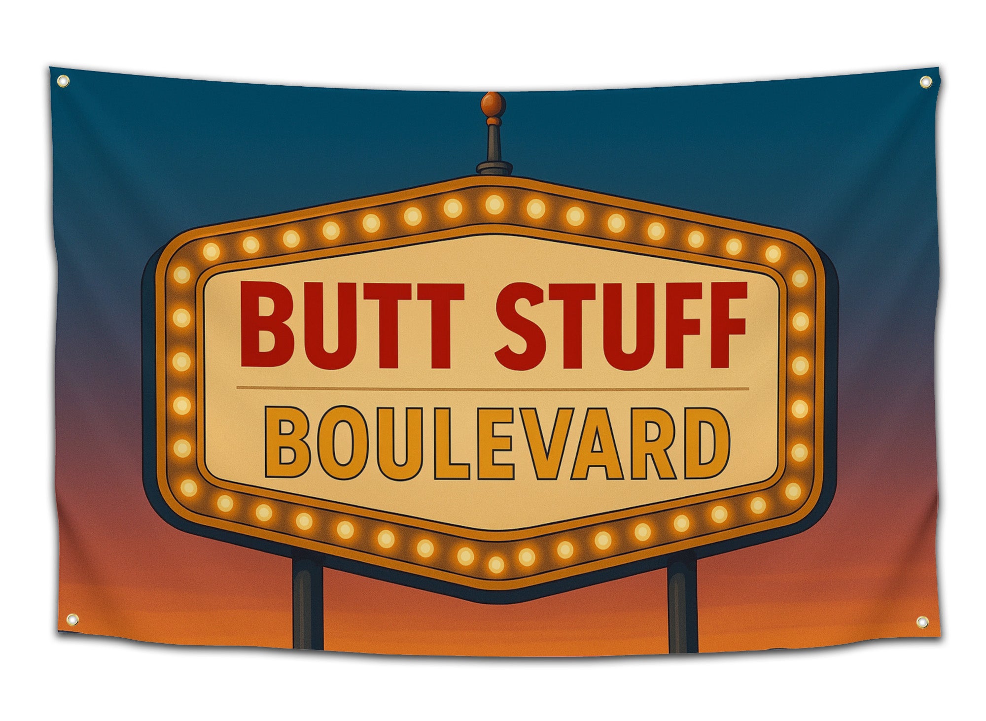 Vegas-style marquee sign flag with glowing lights and bold red text reading “Butt Stuff Boulevard” — funny party dorm banner for college students and nightlife lovers from CollegeWares.