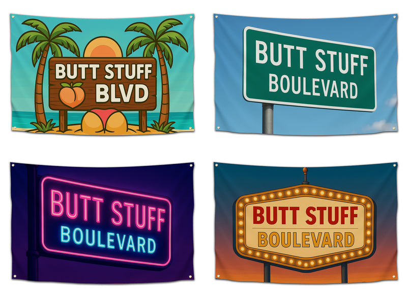 Set of four “Butt Stuff Blvd” flags featuring different designs — street sign style, beach sunset with palm trees, neon lights, and vintage marquee — funny dorm flags for college partiers from CollegeWares.