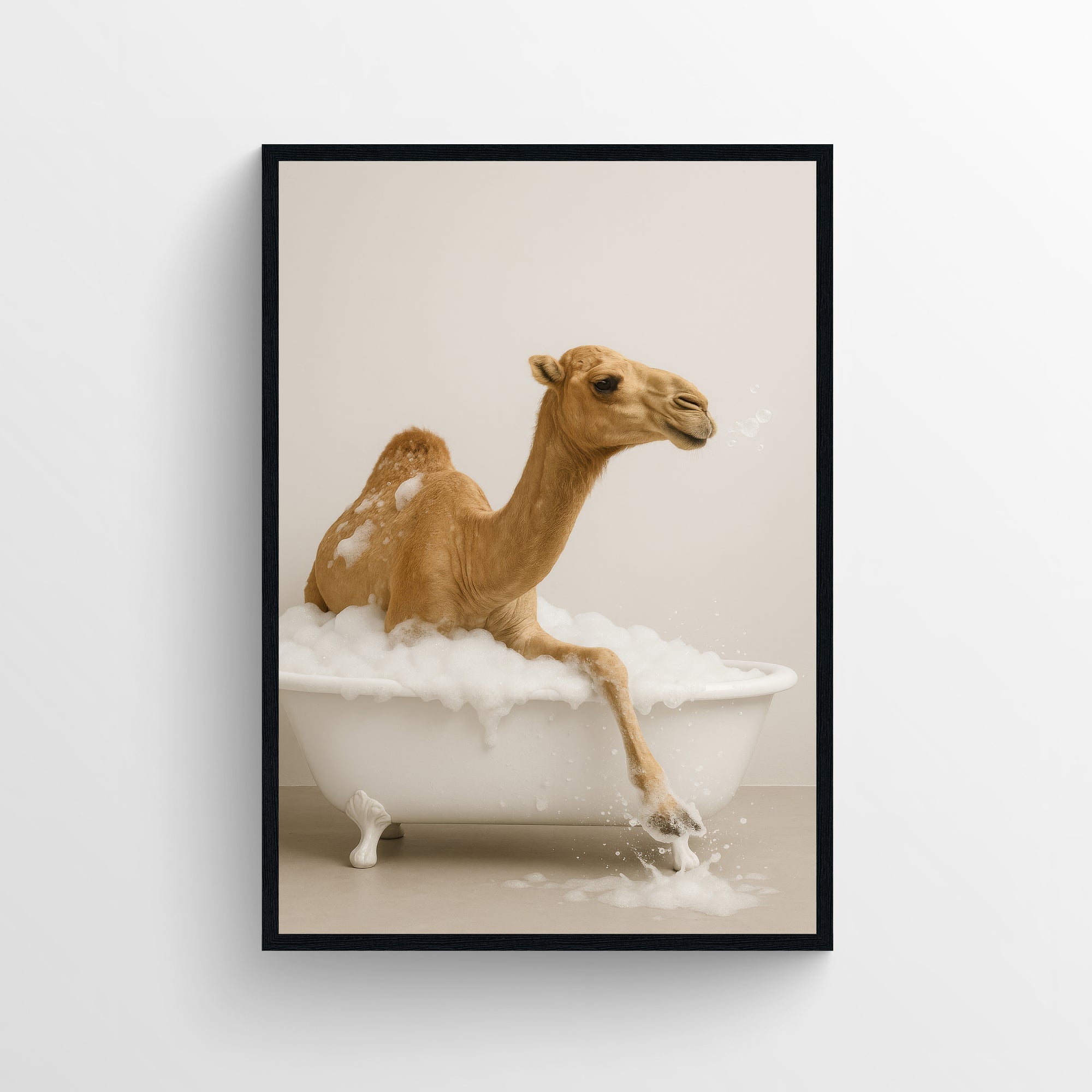Clawfoot bathtub scene featuring a photorealistic camel partially submerged in soap and bubbles — modern animal wall art and funny bathroom decor for apartments, dorms, and guest bathrooms from CollegeWares.