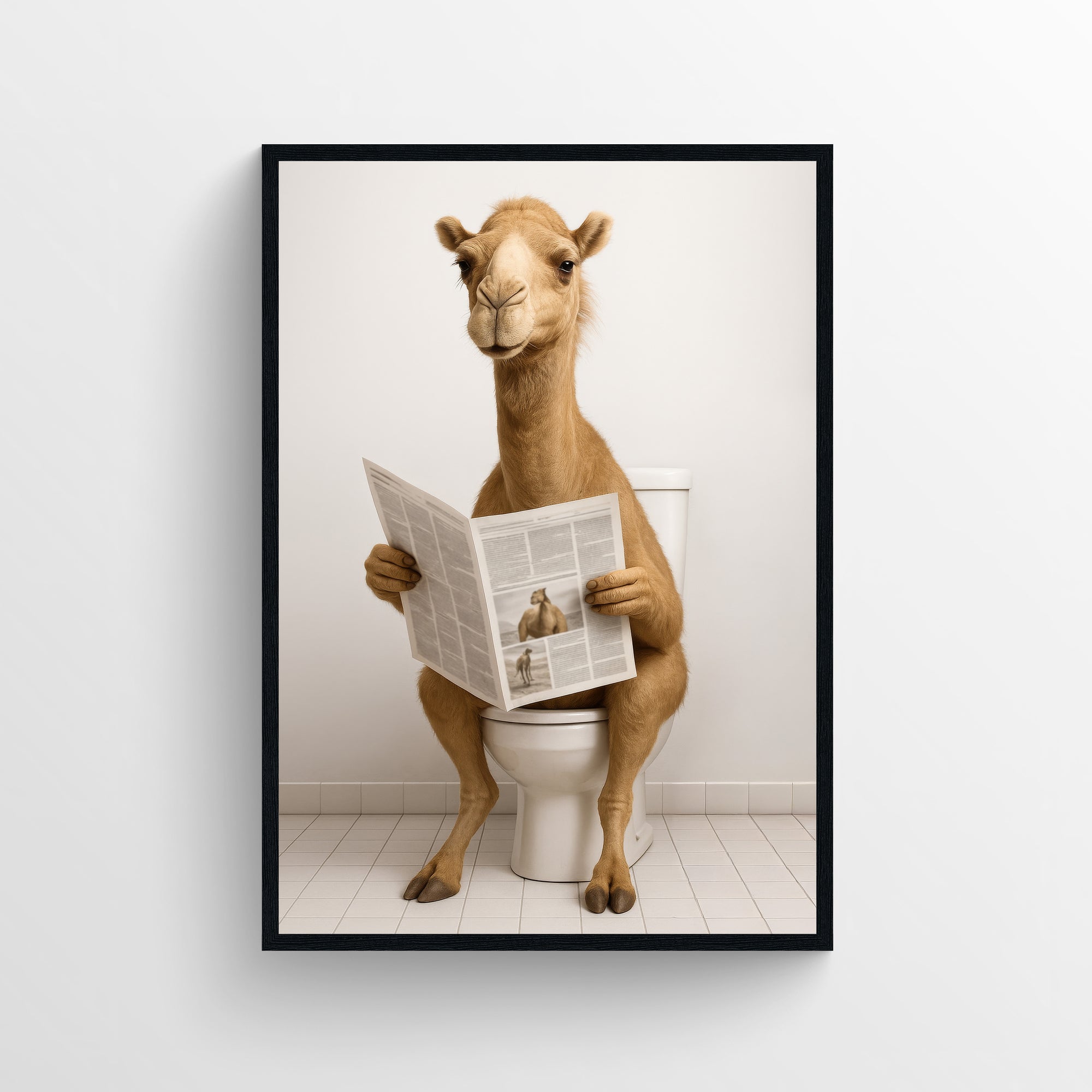 Photorealistic camel seated on a toilet holding a newspaper in a simple tiled bathroom — minimalist animal wall print and funny bathroom poster for apartments, dorms, and guest bathrooms by CollegeWares.