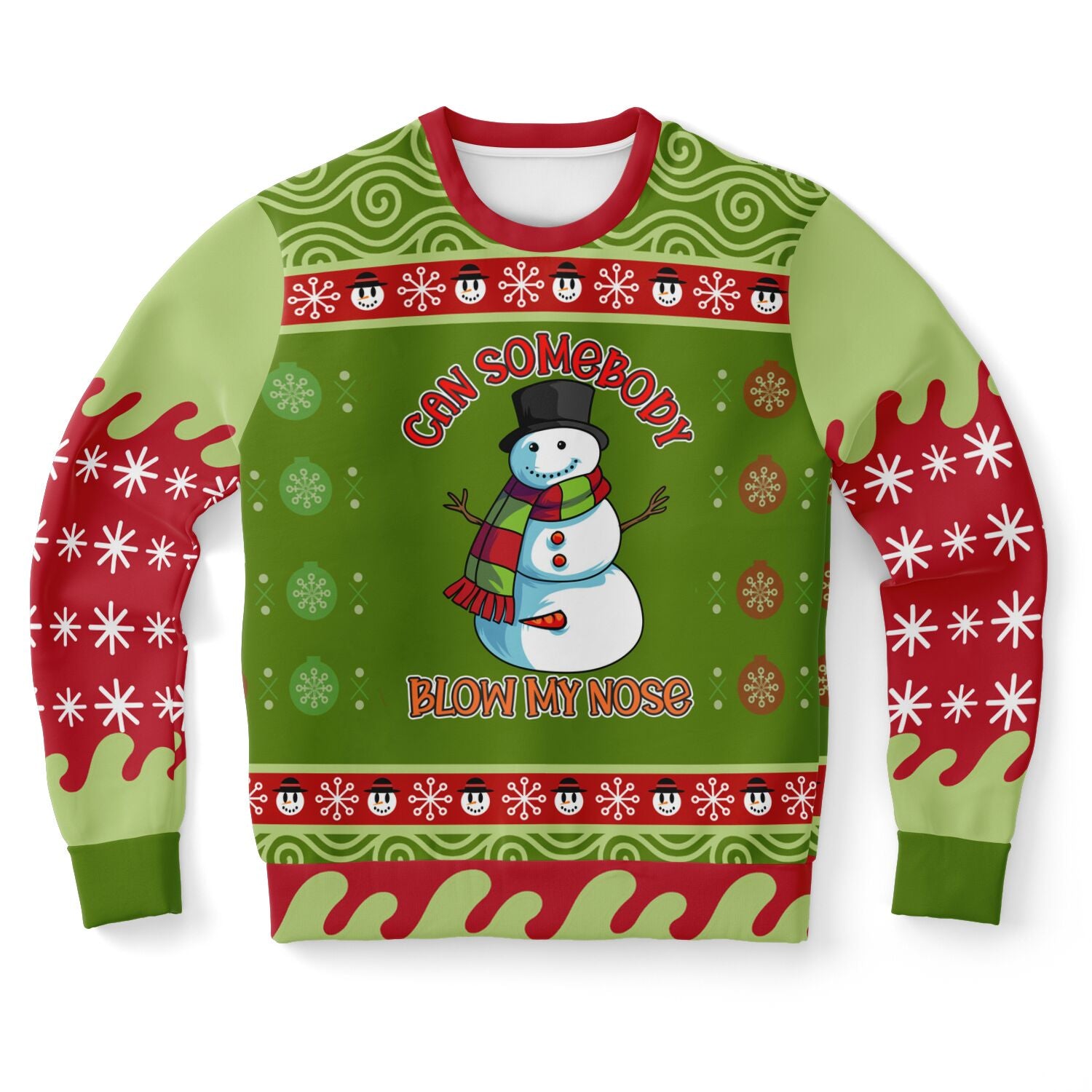 Green and red Christmas sweatshirt featuring snowman with scarf, top hat, and “Can Somebody Blow My Nose” slogan — cheeky holiday humor from CollegeWares.
