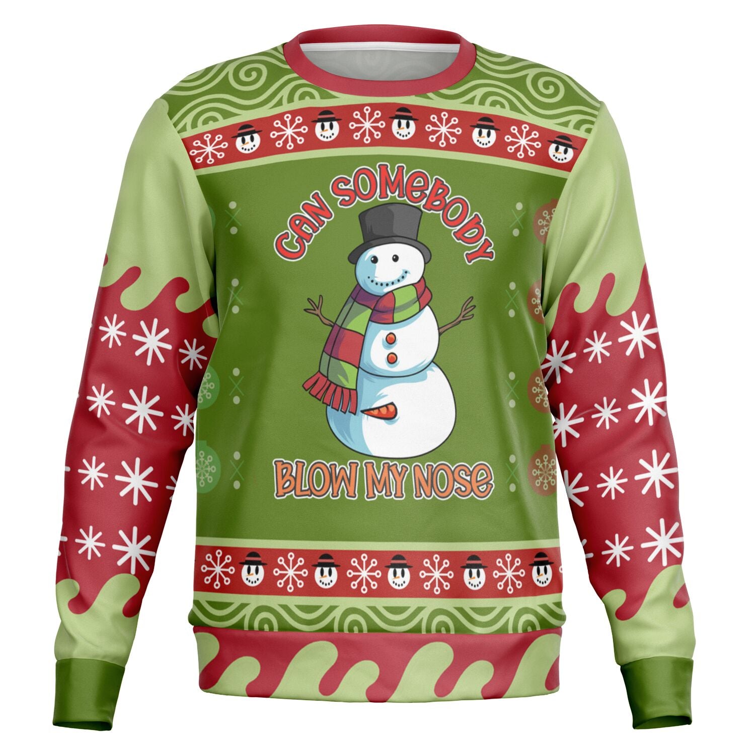 Green and red Christmas sweatshirt featuring snowman with scarf, top hat, and “Can Somebody Blow My Nose” slogan — cheeky holiday humor from CollegeWares.