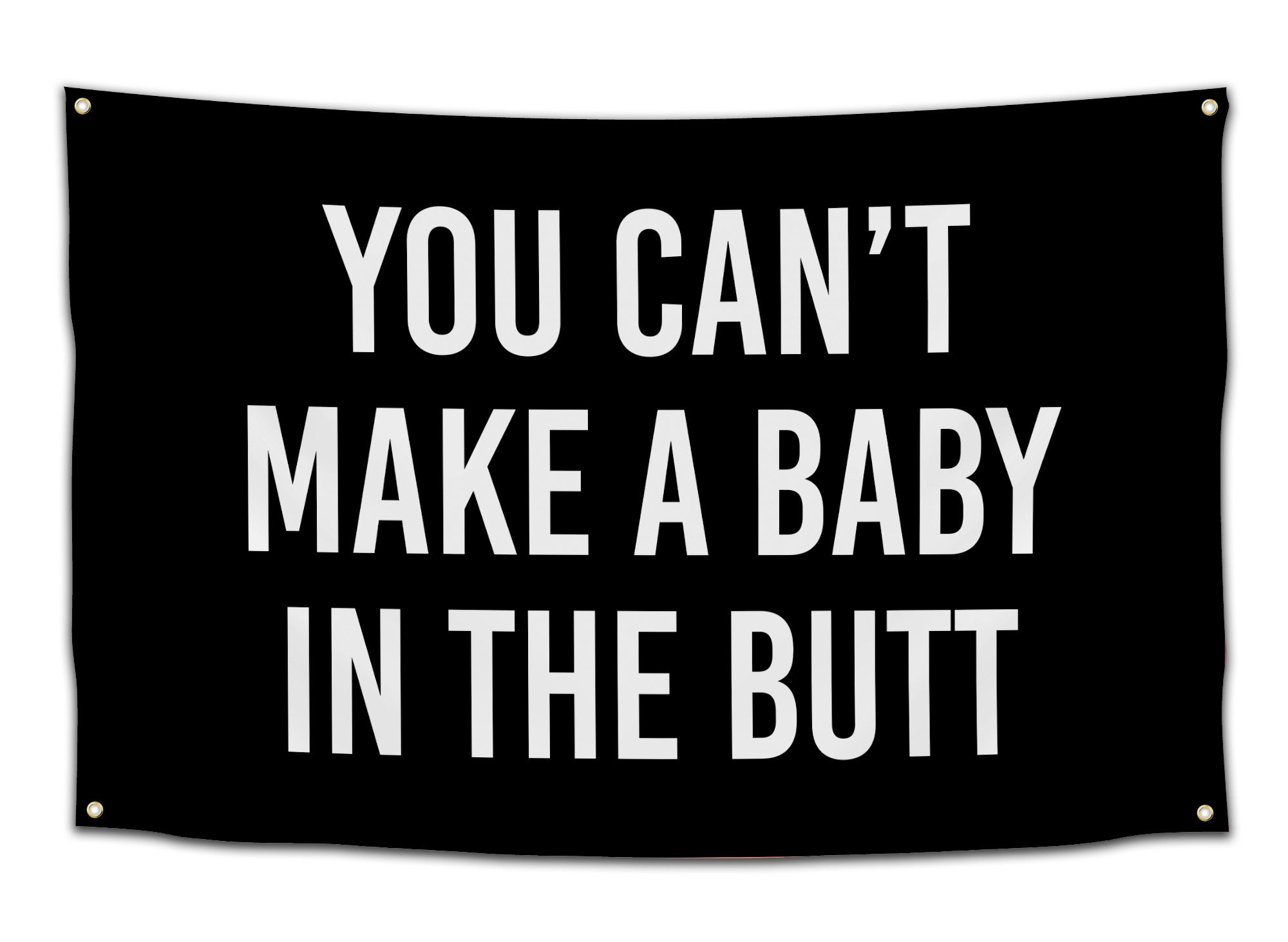 Black flag with white bold text that says “You can’t make a baby in the butt” — funny adult humor dorm flag for college students and party rooms from CollegeWares.
