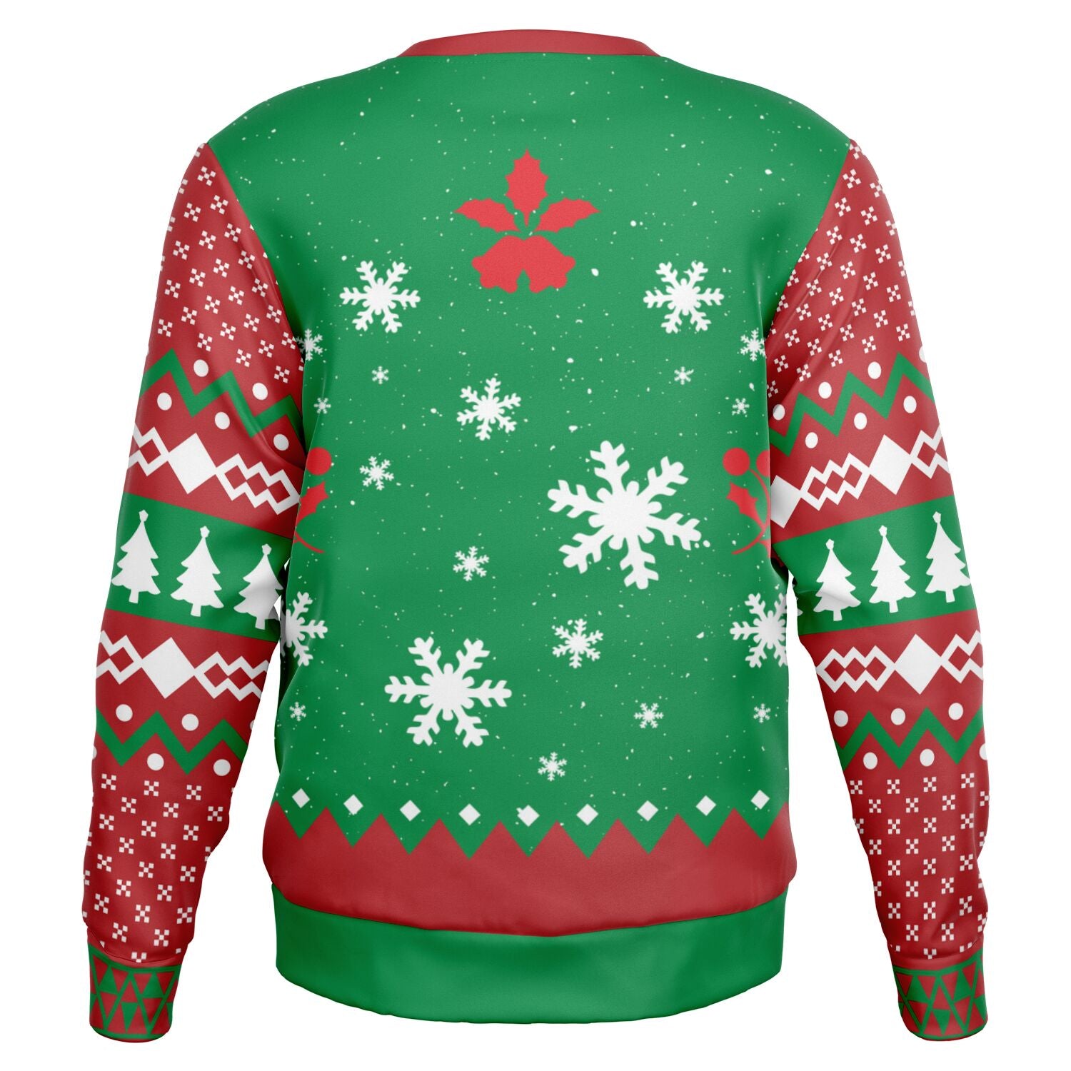 Back view of green holiday sweater with snowflakes, holly, and red/white sleeves — festive and bold print from CollegeWares.