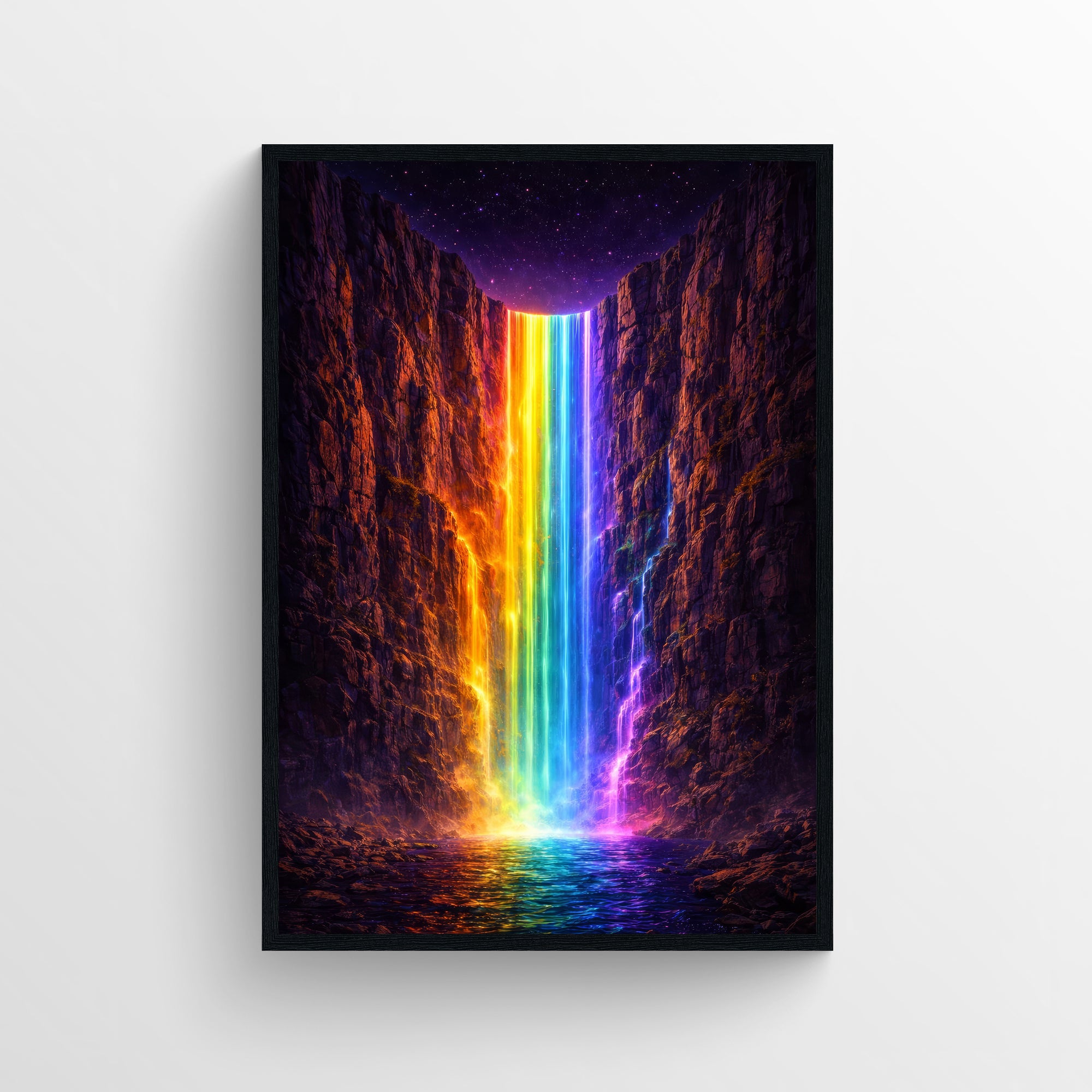 Trippy wall poster featuring a surreal rainbow waterfall flowing through a dark canyon with glowing reflections — modern aesthetic room decor for college rooms, apartments, and creative studios by CollegeWares.